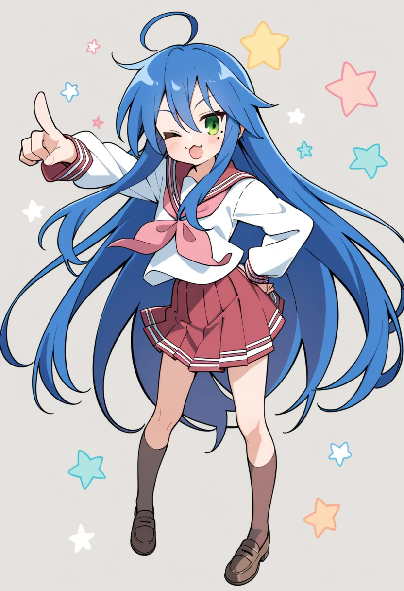 izumi konata, 1girl, long hair, ryouou school uniform, solo, school uniform, one eye closed, mole under eye, mole, serafuku, blue hair, green eyes, neckerchief, skirt, simple background, brown socks, brown footwear, full body, ahoge, sailor collar, red skirt, shoes, grey background, very long hair, long sleeves, open mouth, socks, pleated skirt, looking at viewer, pink neckerchief, loafers, pointing, :3, hand on hip, shirt, white shirt,star \(symbol\), star \(symbol\) background,
masterpiece, best quality,newest,
<lora:Luckystar A31 e1-000009:0.60>