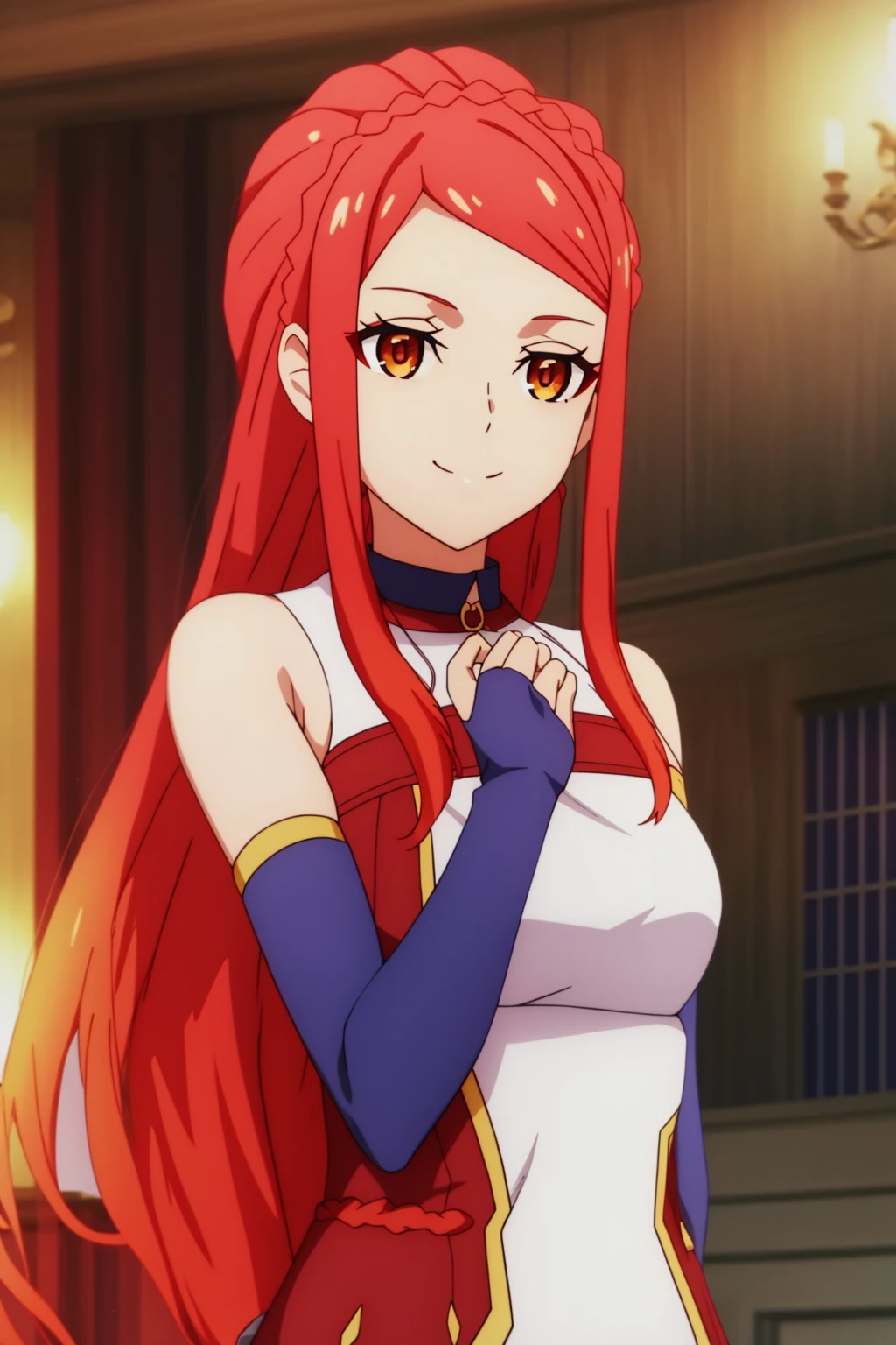 sysdeep_karnatia, 1girl, long_hair, breasts, smile, gloves, closed_mouth, bare_shoulders, orange_eyes, upper_body, braid, red_hair, detached_sleeves, sleeveless, indoors, elbow_gloves, looking_to_the_side, swept_bangs, halterneck, bridal_gauntlets, crown_braid, karnatia_dress