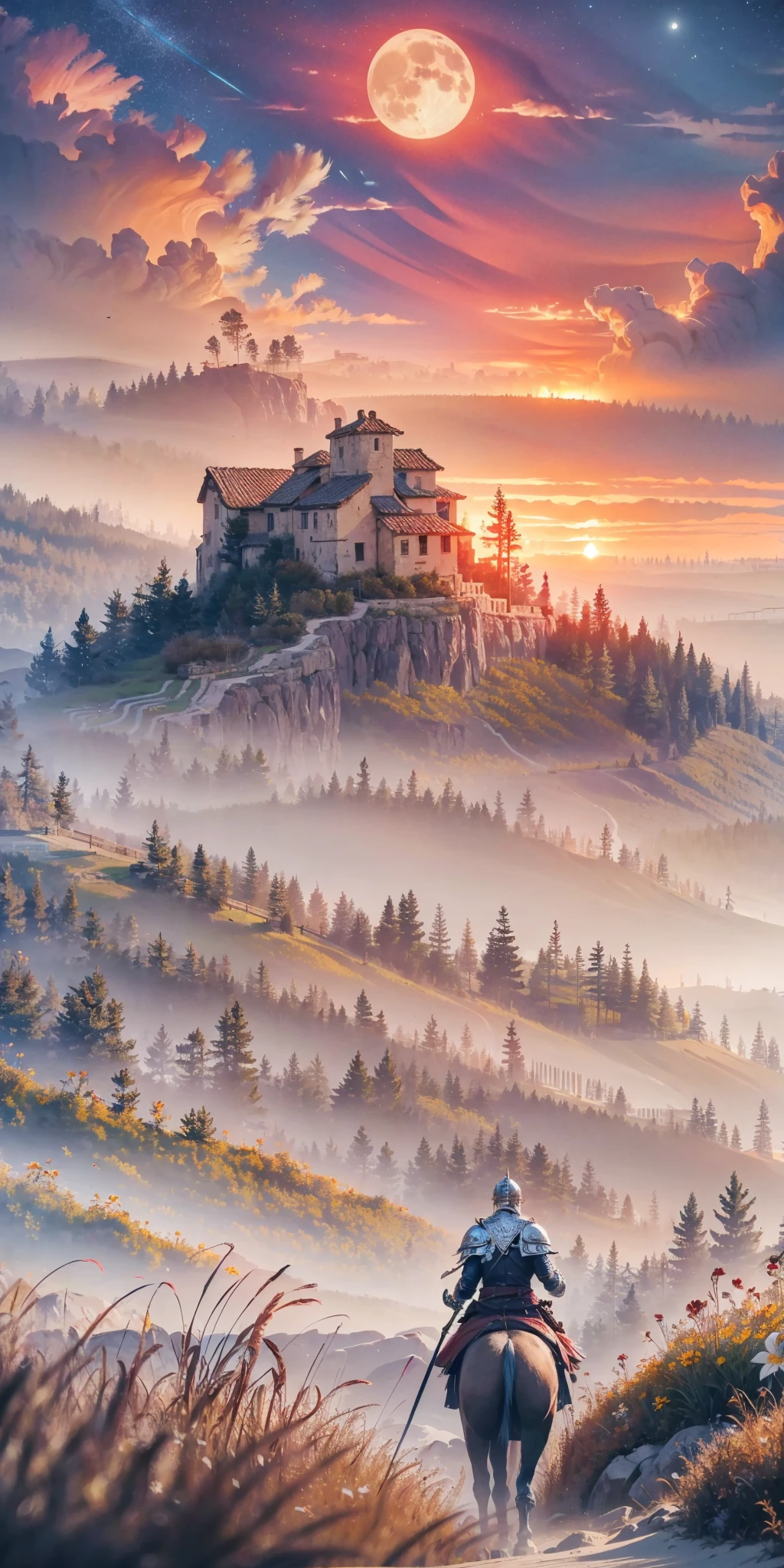 <lora:Shadowland V1.0:0.8>,Beautiful outdoor,outdoors,Shadowland,from behind,zoom layer,scenery,sky,cloud,tree,blue sky,day,cloudy sky,nature,water,grass,house,mountain,rock,flower,building,forest,plant,bird,star \(sky\),ocean,night,starry sky,landscape,night sky,window,horizon,path,bush,door,moon,road,beach,mountainous horizon,river,reflection,sunlight,potted plant,sunset,cliff,full moon,lantern,palm tree,sand,stairs,summer,field,architecture,
1boy,white hair,armor,helmet,helm,sheath,weapon,solo,sword,standing or horseback riding,from behind,zoom layer,facing away,, edge quality, perspective silhouette, 8k, best quality, masterpiece, extremely detailed, rule of thirds, photorealistic, superb, HDR, high resolution, sharp focus, photorealistic rendering, extremely detailed description, professional, gorgeous and intricate detail,
