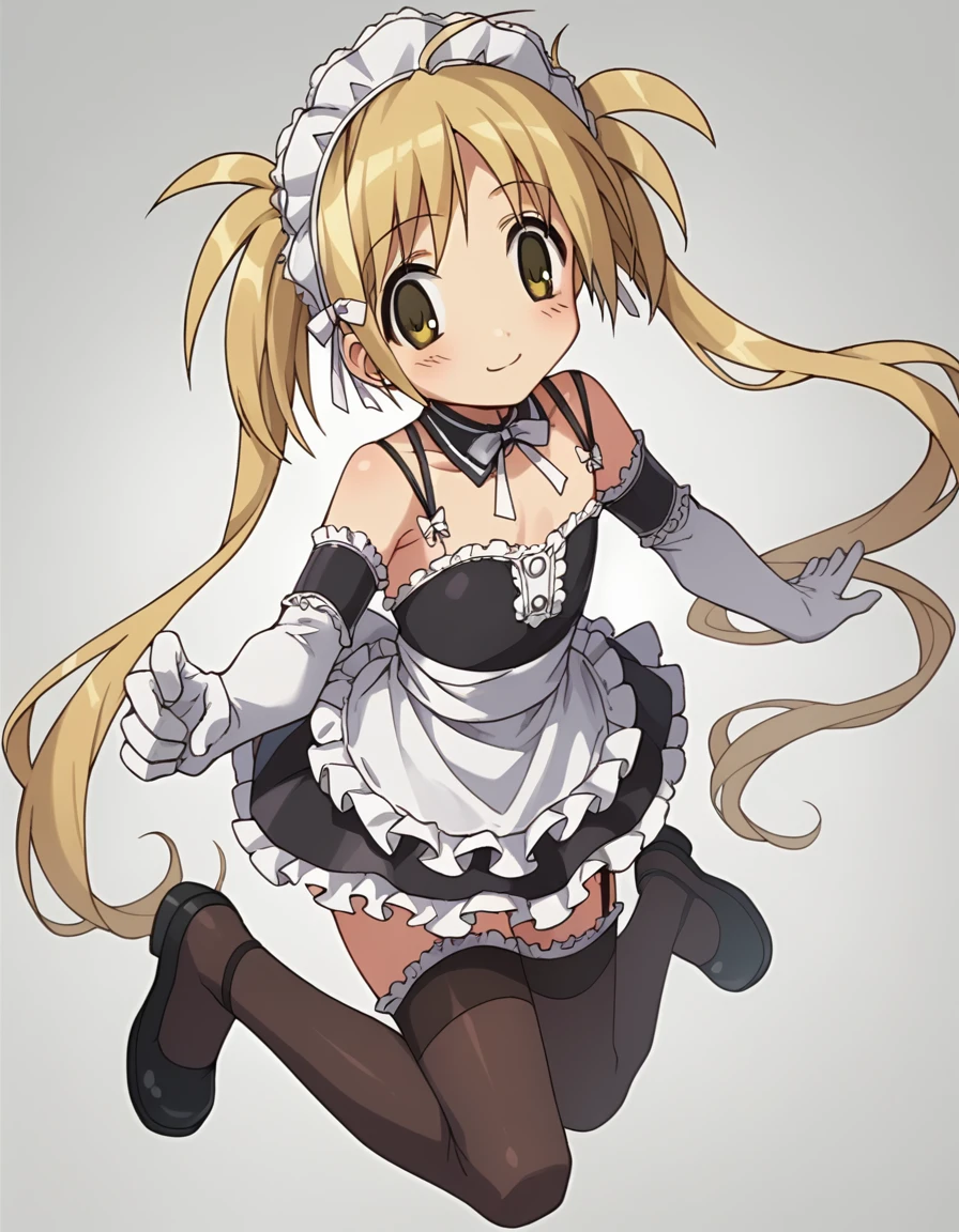 zPDXL, score_9, score_8_up, score_7_up, source_anime,
1girl, solo, smile, (victory_pose), mitsuki, little girl, flat chest, twintails, yellow eyes, blonde hair , koremaid, bare shoulders, elbow gloves, white gloves, detached collar, arm garter, garter straps, black thighhighs, frilled thighhighs, maid headdress, black footwear, <lora:KoWaGo_v2-1:0.8> himm,