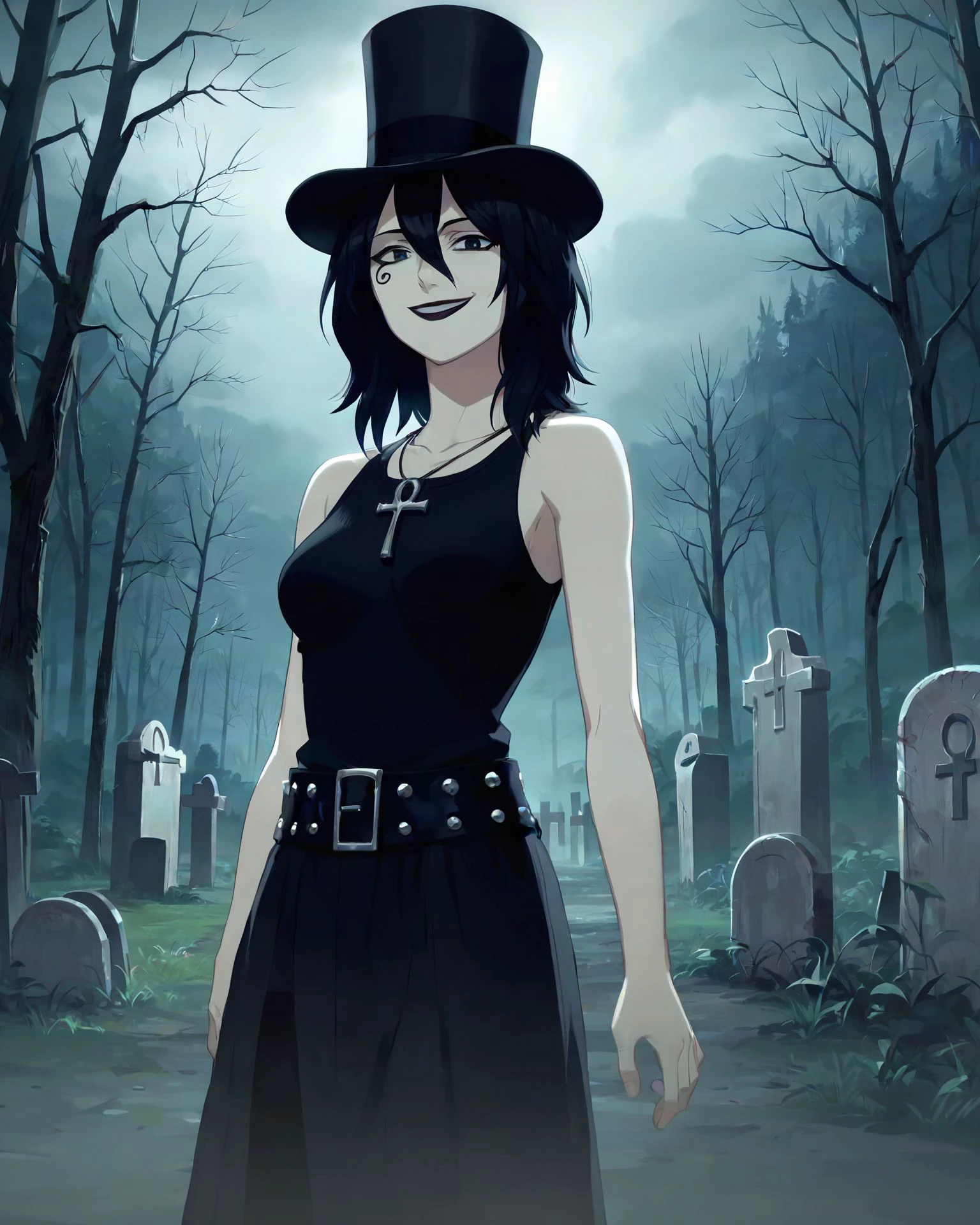 <lora:d_endless_pny-9:0.8> D_endless, 1girl, black hair, medium hair, hair between eyes, pale skin, white body, medium breasts, facial mark, necklace, ankh necklace, black top, bare shoulders, black pants, denim, studded belt, black lips, goth, looking at viewer, forest, smile, top hat, overcast, graveyard, anime screencap, score_9, score_8_up, score_7_up, score_6_up, score_5_up, score_4_up, ponypositive,
