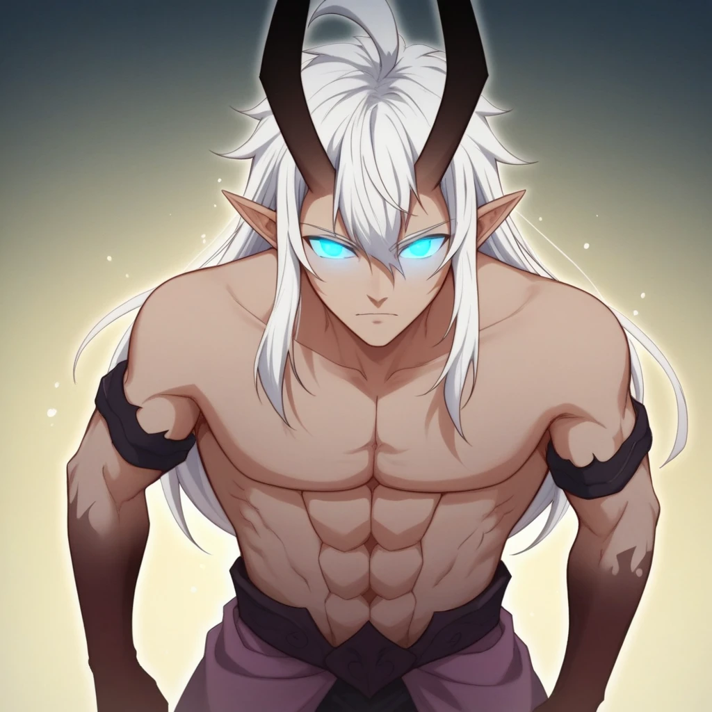 score_7_up, BREAK, chenchangan,  1boy, solo, white hair, long hair, blue eyes, horns, pointy ears, topless ,  <lora:ChenChangan_DGod_PXL_Leaf1:1>, cowboy shot, light particles, glowing eyes,