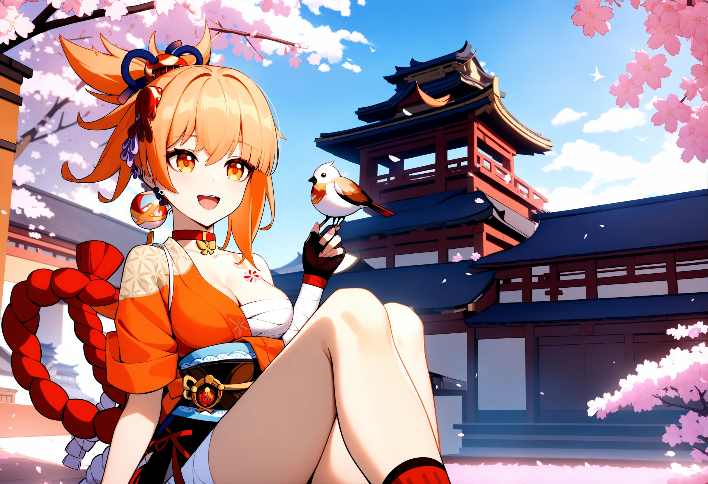 yoimiya,1girl,bird,sarashi,tattoo,bandages,sitting,breasts,japanese clothes,red choker,solo,chest tattoo,arm tattoo,gloves,cleavage,open mouth,smile,bandaged arm,orange kimono,chest sarashi,kimono,choker,bird on hand,cherry blossoms,fingerless gloves,sky,shimenawa,bandaged leg,architecture,blue sky,outdoors,orange eyes,east asian architecture,medium breasts,rope,socks,flower tattoo,<lora:Yoimiya-v1.1_By_XieMo:1>,masterpiece,best quality,very aesthetic,incredibly absurdres,artbook,