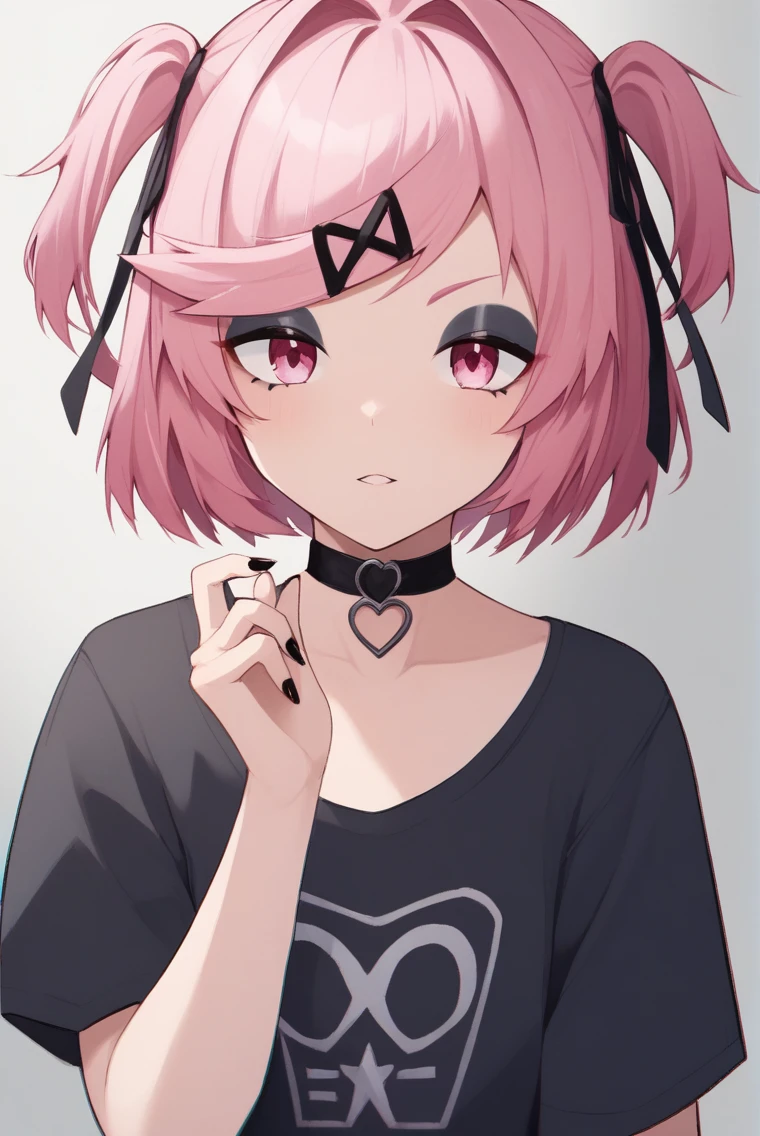 score_9, score_8_up, score_7_up,1girl,solo female, epic photograpy, extremely detailed, high quality, absurd res, high res, BREAK
 <lora:Gothsuki:1> gothsuki, 1girl, pink hair, hair ornament, two side up, pink eyes, solo, bangs, hairclip, short hair, ribbon, choker, black nails, black choker, nail polish