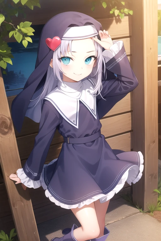 ((masterpiece)),(best quality),official art,extremely delicate and beautiful,extremely detailed CG,unity 8k wallpaper,ultra detailed,beautiful detailed eyes,extremely detailed face,outdoors,1girl,solo,cowboy shot,looking at viewer,facing viewer,smile,(petite:1.5),female child,Takayama Maria,nun,long hair,light purple hair,heart hair ornament,sidelocks,parted bangs,aqua eyes,jewelry,cross necklace,habit,purple dress,long sleeves,boots,purple footwear,<lora:Takayama Maria(idhmf)>,