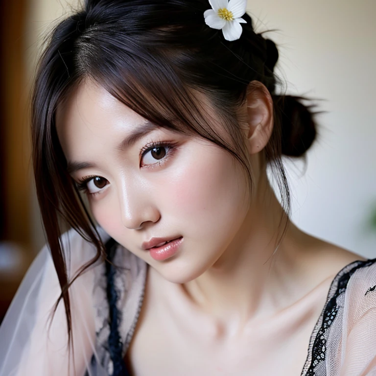 (RAW photo,best quality, realistic,photo-realistic:1.2), extremely detailed,8k wallpaper, Amazing,ultra-detailed,highres, 1girl, solo, long hair, medium breast, black hair, hair bun, black eyes, lips, china dress, bun cover, kooo123 <lora:Mityuki_001:0.75>