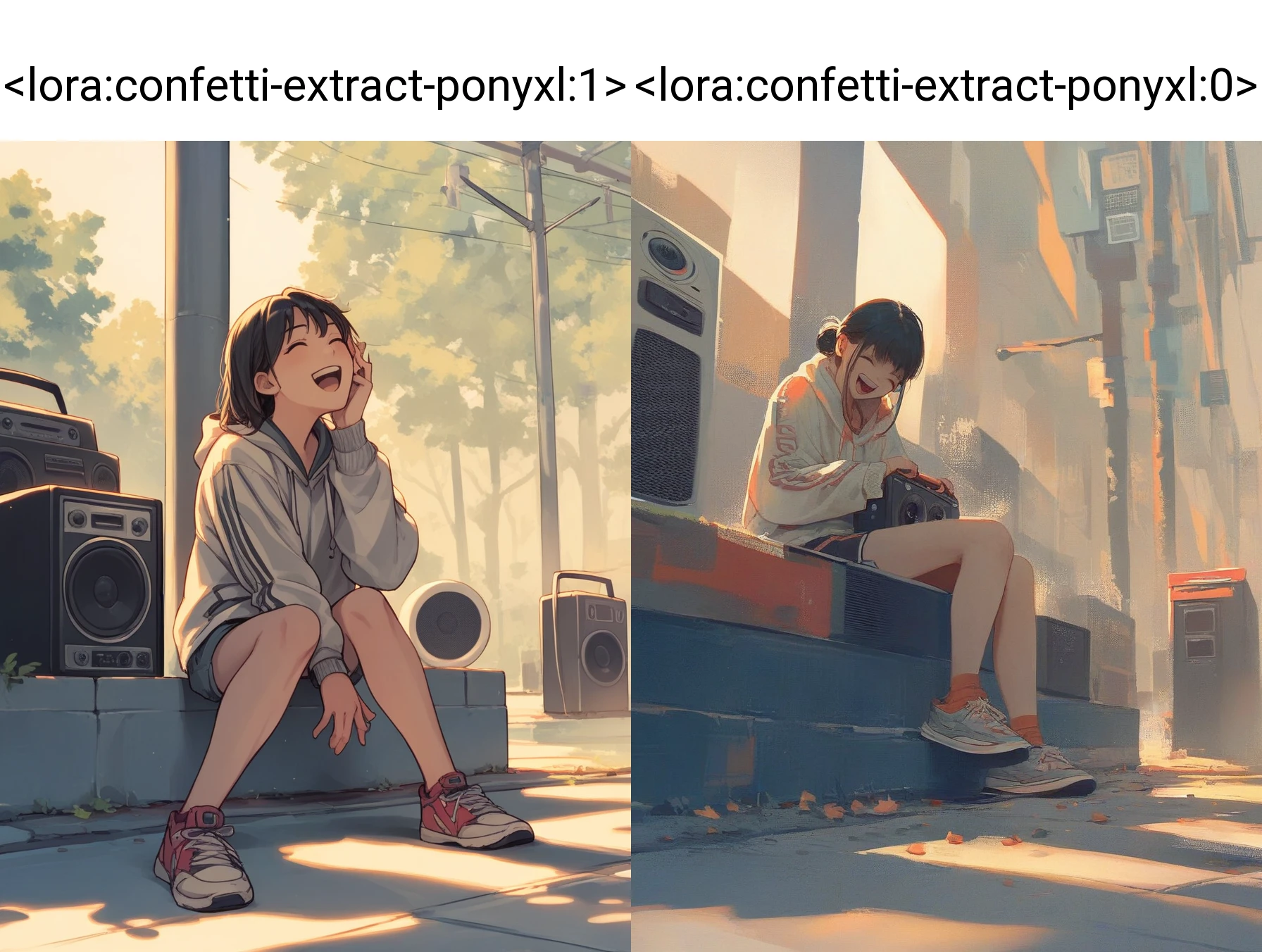score_9, score_8_up, score_7_up, source_anime, <lora:confetti-extract-ponyxl:1> 1girl, streetwear, sitting, sidewalk, boombox, laughing, closed eyes, cinematic lighting