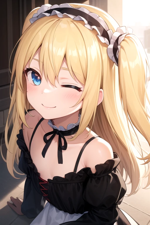 ((masterpiece)),(best quality),official art,extremely delicate and beautiful,extremely detailed CG,unity 8k wallpaper,ultra detailed,beautiful detailed eyes,extremely detailed face,outdoors,1girl,solo,upper body,(portrait:1.5),looking at viewer,facing viewer,smile,(petite:1.5),female child,Hasegawa Kobato,long hair,blonde hair,black hairband,two side up,sidelocks,hair between eyes,bangs,one eye closed,blue eyes,red eyes,black choker,ribbon choker,black ribbon,frilled dress,black dress,long sleeves,frills,small breasts,white pantyhose,mary janes,black footwear,<lora:Hasegawa Kobato(idhmf)>,
