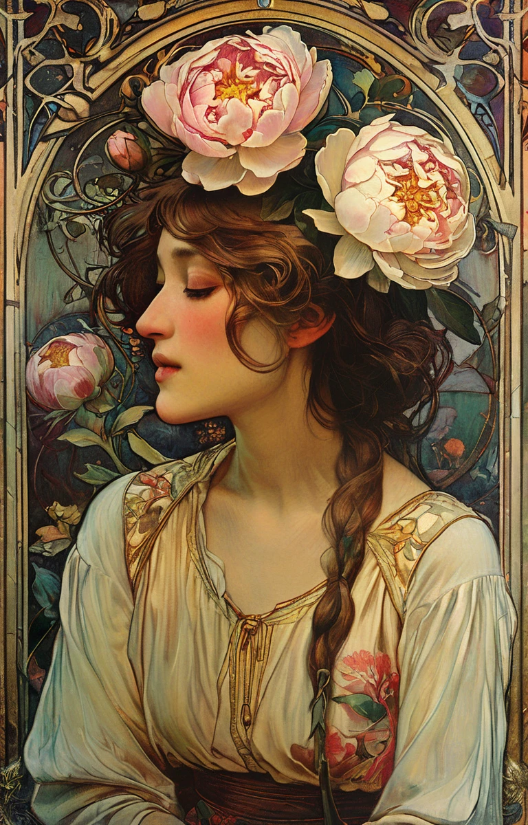 masterpiece,best quality,<lora:tbh200-sdxl:0.9>,illustration,style of style of Alphonse Mucha decaying peonies