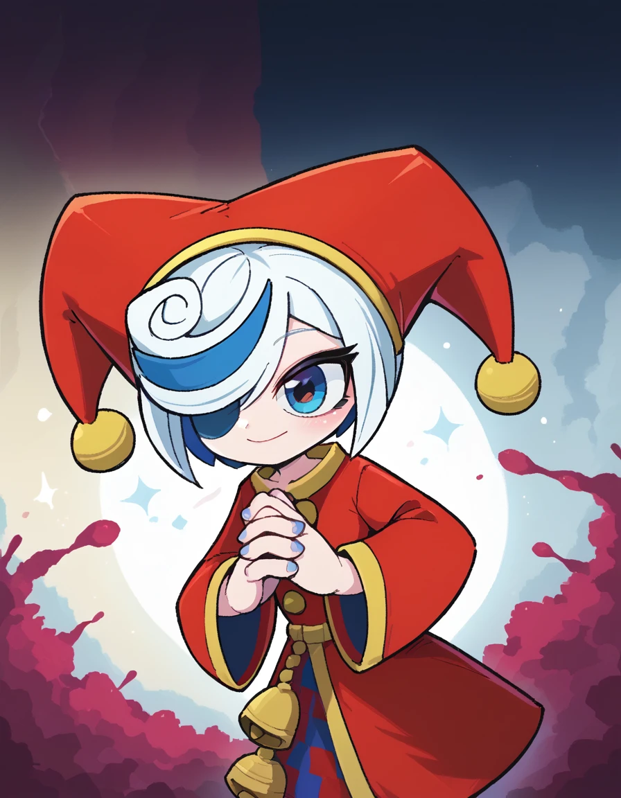 zPDXL, score_9, score_8_up, score_7_up, source_anime,
1girl, solo, squinting, (own hands together), jester wearing a jester hat with bells, motley robe with tassels attached, jester shoes with jingle bells, <lora:Sage-20:1> sage, short hair, hair over one eye, white hair, two-tone hair, goodsage, blue hair, blue eyes ,
<lora:KimKrab_v2:1> kimkrab