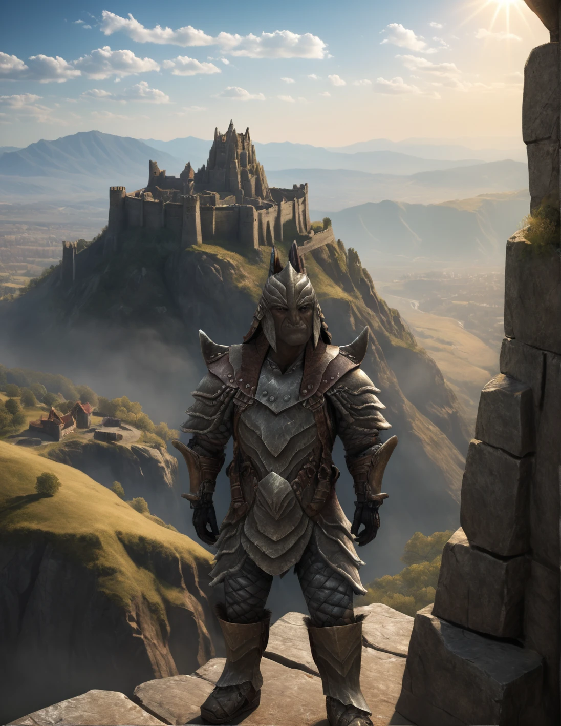 A mighty Orsimer warrior, encased in ornate, weathered plate armor, surveys the breathtaking vista from the precipice of a colossal fortress in the radiant daylight. Skyward, sunlight pours, casting dramatic shadows on the rugged terrain below. Unreal Engine 5 rendering brings forth the majestic scene, with HDR and ray tracing techniques capturing every detail, as the warrior's imposing figure dominates the composition. (((person front view, looking at the viewer)))<lora:EMS-391506-EMS:1.000000>, <lora:EMS-20438-EMS:1.000000>