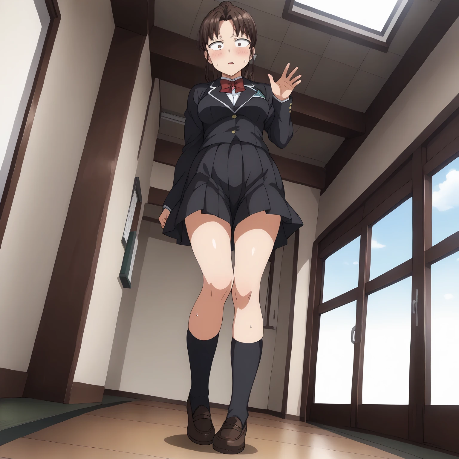 <lora:YuukoKawashimaXLpony002>,
blush,sweat,surprised,half-closed eyes,looking at viewer,parted lips,from below,
solo,
YuukoKawashima,brown eyes,sanpaku,1girl,black brown hair,ponytail,
school_uniform,black blazer,red bowtie,
pleated_skirt,black skirt,
black socks,
full body,standing,