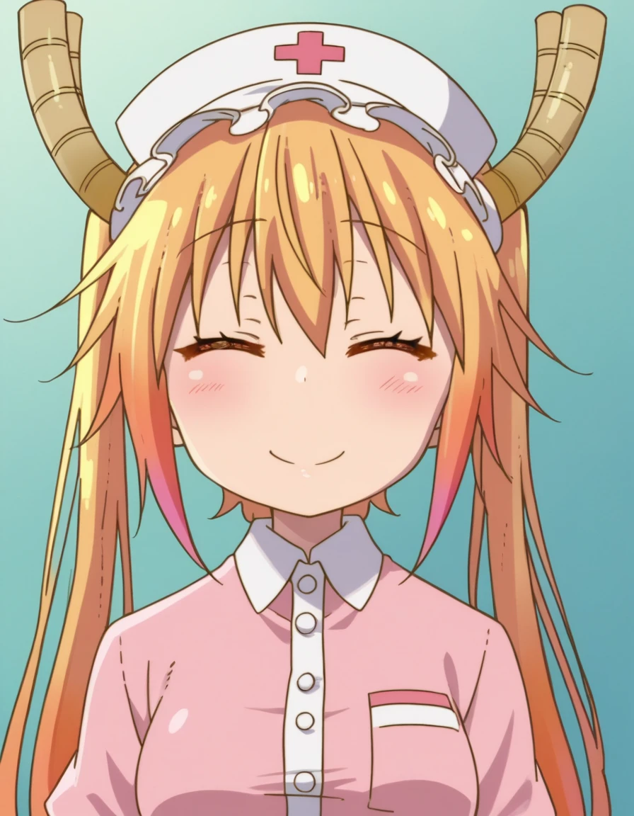 zPDXL, score_9, score_8_up, score_7_up, source_anime, (portrait), <lora:KobayashiDragonPack:1> drgmd, 1girl, solo,
tohru \(maidragon\), blonde hair, two-tone hair, orange hair, horns, red eyes, orange eyes, medium breasts , nurse, nurse-outfit, pink-dress, (white-pantyhose), pink-shoes, nurse-cap, (closed eyes:1.2), smile, cheek-to-cheek,