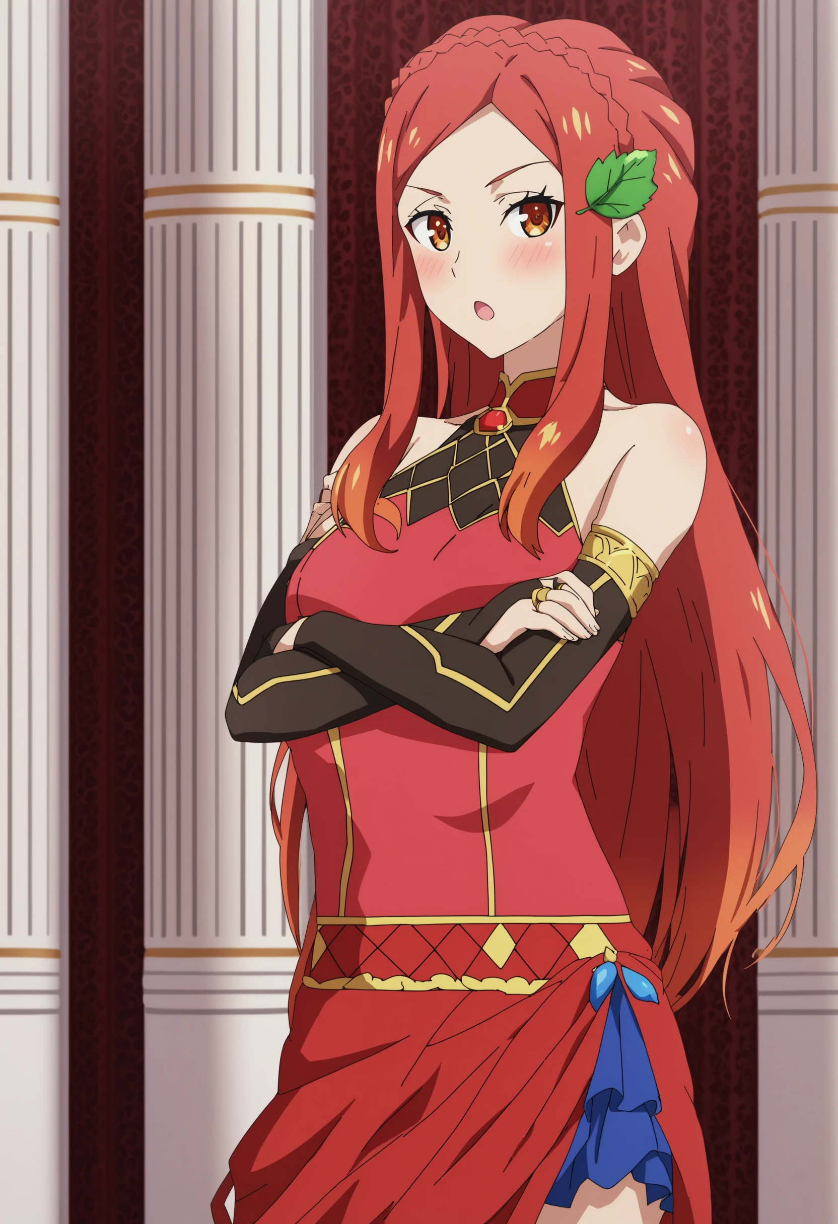 sysdeep_karnatia, 1girl, solo, long_hair, breasts, looking_at_viewer, blush, open_mouth, gloves, bare_shoulders, medium_breasts, orange_eyes, standing, braid, sidelocks, red_hair, detached_sleeves, indoors, :o, parted_bangs, crossed_arms, bridal_gauntlets, crown_braid, leaf_hair_ornament, pillar, karnatia_dress, <lora:Karnatia Seri Anabald - [So Im a Spider So What] - Pony Version 1:1>