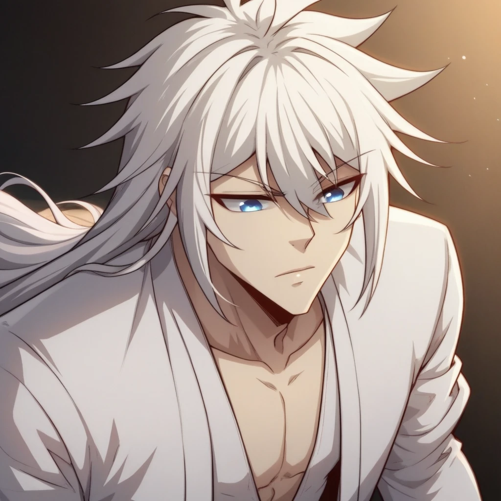 score_8_up, BREAK, Chenchangan,  1boy, solo, white hair, long hair, blue eyes, white hanfu, white top, long sleeves, open clothes,  white legwear, <lora:ChenChangan_Normal_PXL_Leaf2:1>, upper body,