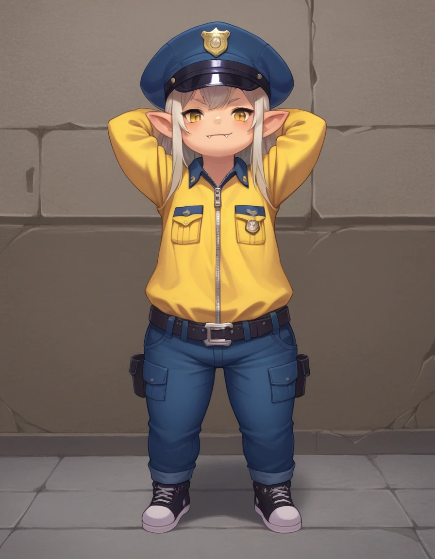 zPDXL, score_9, score_8_up, score_7_up, source_anime,
1girl, solo, skin fang, arms behind head, police officer wearing High-visibility neon yellow uniform with reflective strips, zip-up top, cargo pants, peaked cap, black sneakers, <lora:Lalafell_v2-10:1> lalafell, pointy ears, shortstack, flat chest,