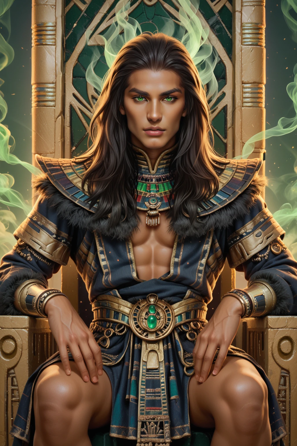 score_9, score_8_up, score_7_up male, black long hair, dark skin, green eyes, black makeup eye, sitting on the throne, green smoke background  <lora:Anubis pony:0.8> anubis