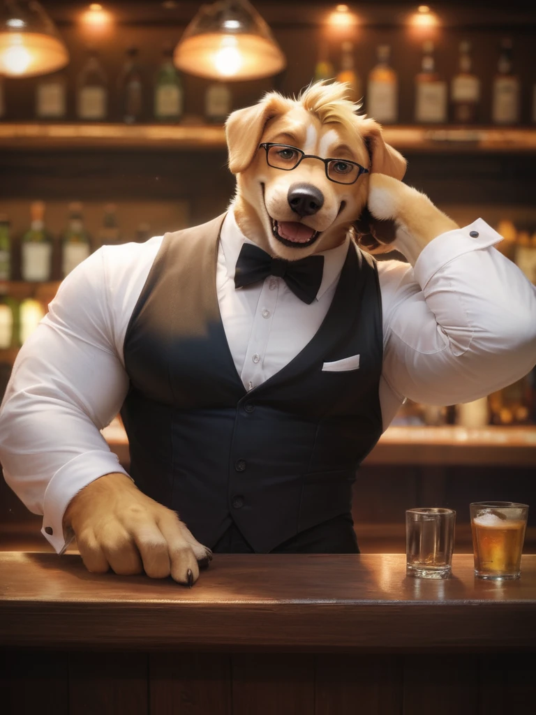 score_9, score_8_up, score_7_up, photorealistic, high quality, raw photo, male, huge muscle, bartender, furry dog Labrador, glasses, stylize hairstyle, blonde hair, tuxedo, behind counter, bar, smile, look at viewer