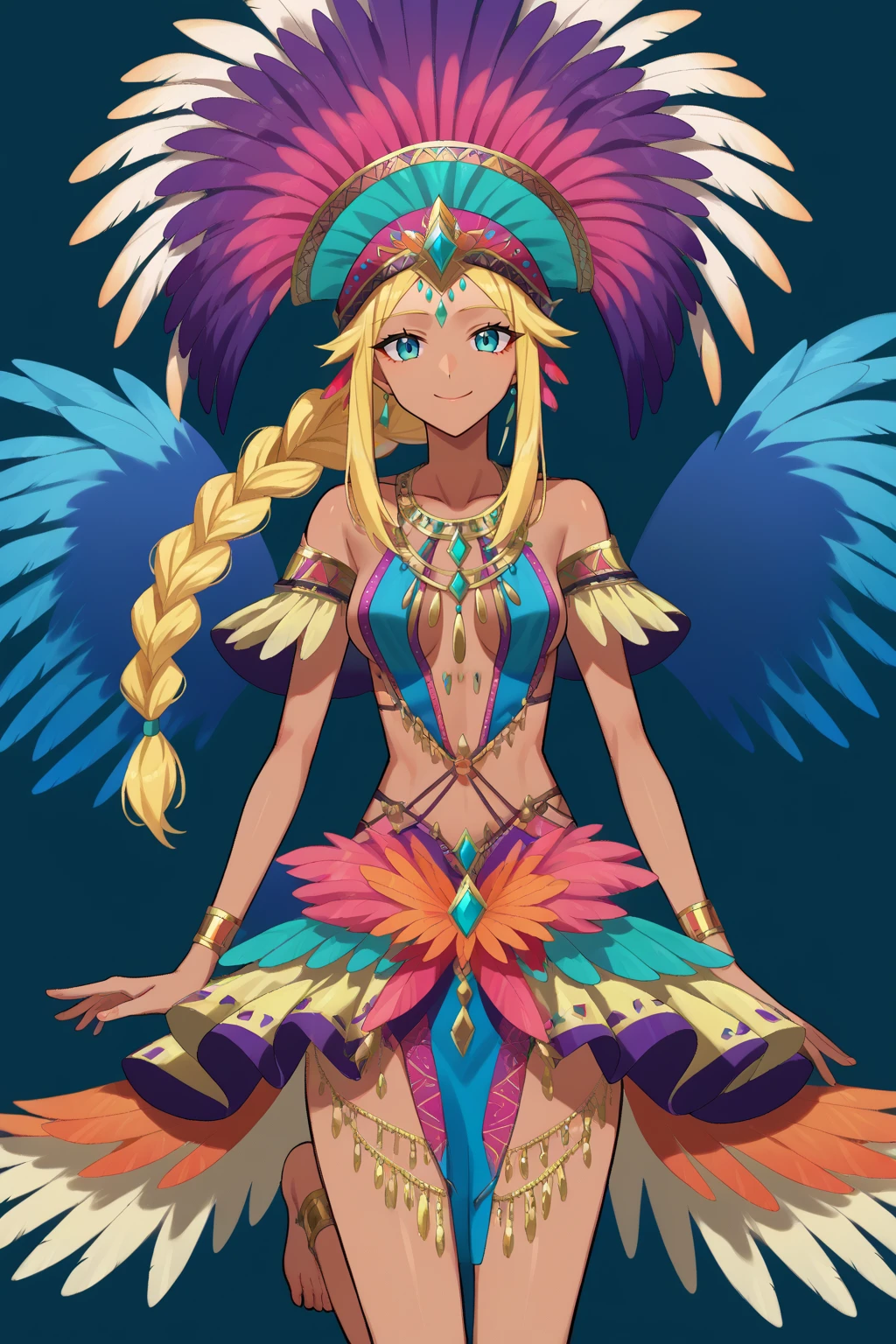 score_9, score_8_up, score_7_up,  BREAK cowboy shot,1girl,solo,upper body,,source_anime,digital painting,smile,looking at viewer,
edgCarnival, long hair, breasts, blonde hair,collarbone , braid, barefoot, dark skin, dark-skinned female, headdress ,wearing edgCarnival,multicolored dress with feathers,jewelry
<lora:edgCarnivalPony:1>