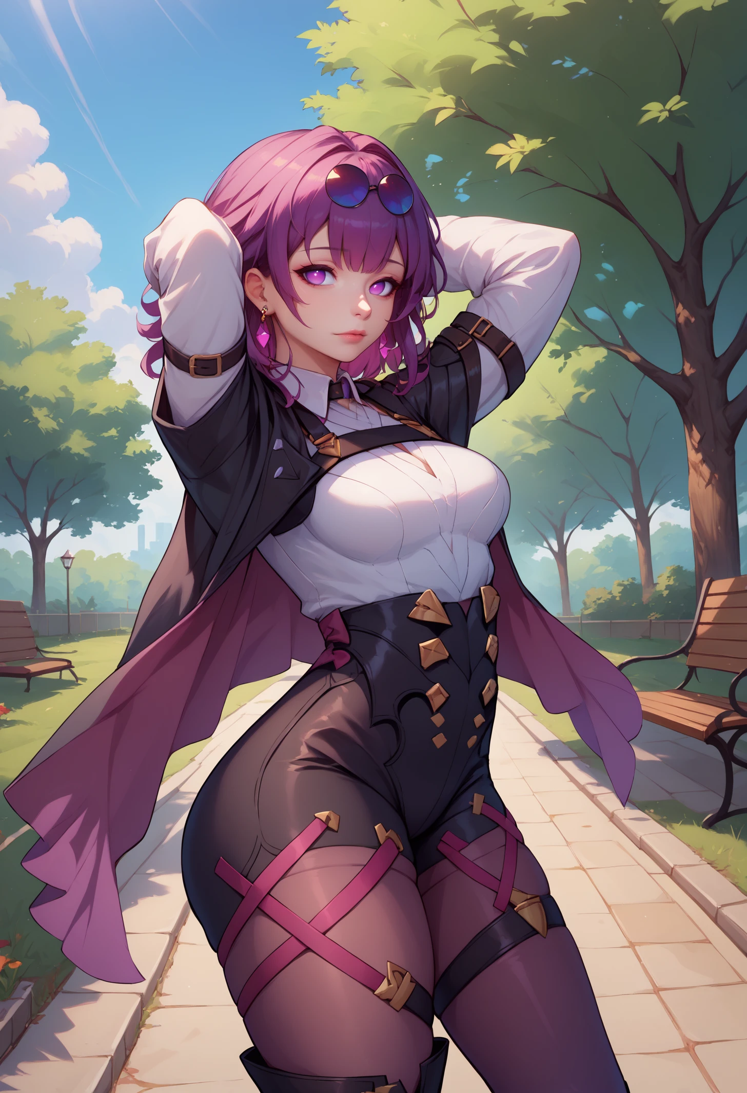 score_9, score_8_up, score_7_up, detailed, BREAK 1girl, solo, kafmoommy, purple eyes, no pupils, purple hair, medium hair, large breasts, <lora:KafkaPDXL_V1-Manityro-CAME:1.0>,
outdoors, park, tree, looking at viewer, arms behind head, side view,
eyewear on head, jewelry, earrings, black jacket, open jacket, jacket on shoulders, chest harness, center opening, white shirt, collared shirt, long sleeves, high-waist shorts, pantyhose under shorts, purple pantyhose, single thigh boot, thigh boots, thigh strap, ribbon