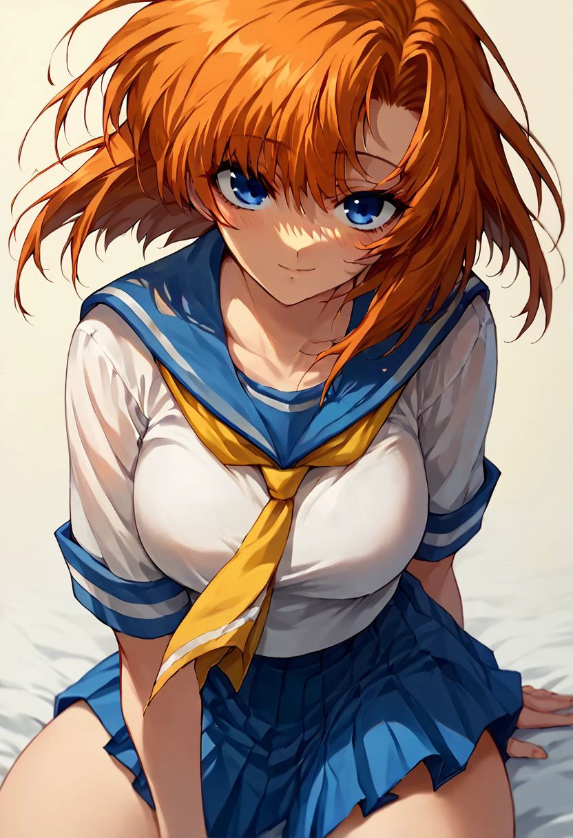 score_9,score_8_up,score_7_up,
seductive rena ryuuguu, orange hair, short hair, blue eyes, big breasts, thick thighs,
1girl,hands,looking at viewer, serafuku, yellow necklace, white shirt