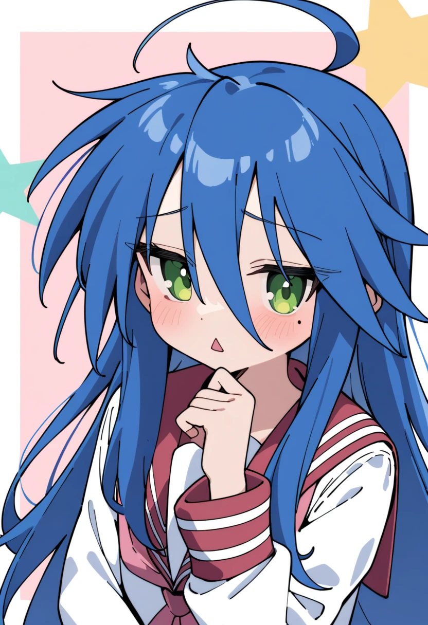 girl, izumi konata, solo, mole under eye, mole, green eyes, long hair, blue hair, school uniform, ryouou school uniform, serafuku, ahoge, triangle mouth, star (symbol), hand on own chin
, masterpiece, best quality,newest,
<lora:Luckystar A31 e1-000009:0.65>