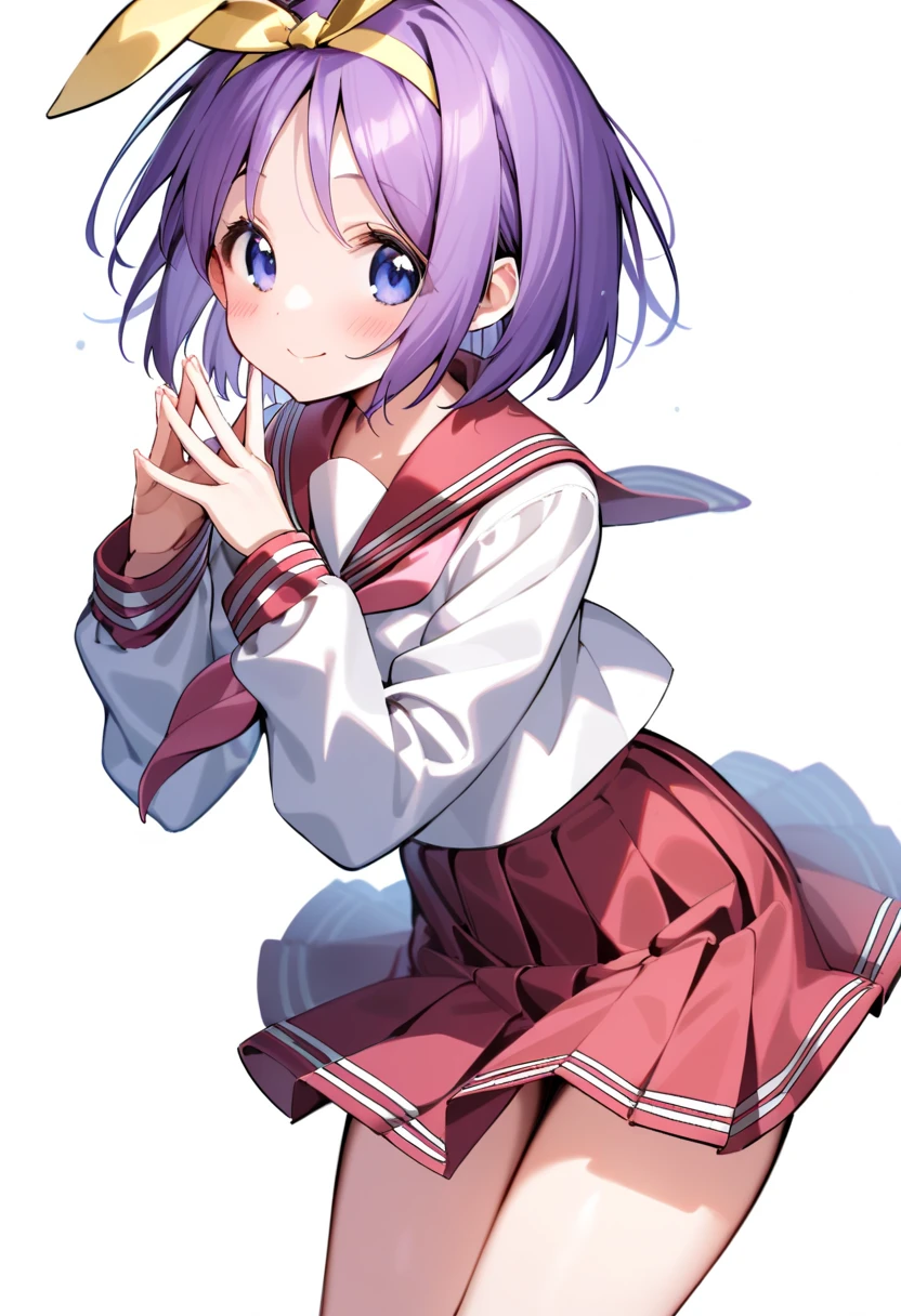 hiiragi tsukasa,1girl, solo, ryouou school uniform, skirt, school uniform, white background, serafuku, simple background, red skirt, sailor collar, short hair, purple hair, looking at viewer, smile, pleated skirt, shirt, long sleeves, blush, neckerchief, purple eyes, hair bow, closed mouth, bow, red sailor collar, bangs, white shirt, yellow hairband, hairband, own hands together, yellow bow, standing, pink neckerchief, steepled fingers, blue eyes, cowboy shot, hands up, bow hairband
<lora:Luckystar A31 e1-000009:0.65>