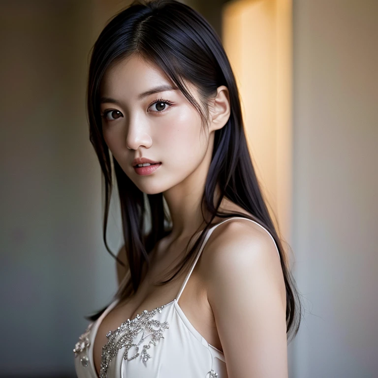(RAW photo,best quality, realistic,photo-realistic:1.2), extremely detailed,8k wallpaper, Amazing,ultra-detailed,highres, 1girl, solo, long hair, (upper body:1.2), medium breast, black hair, hair bun, black eyes, lips, china dress, bun cover, kooo123 <lora:Mityuki_001:0.75>