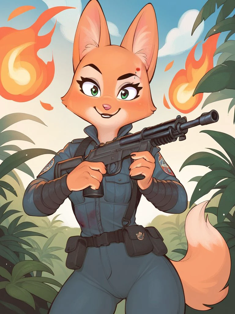 zPDXL, score_9, score_8_up, score_7_up, score_6_up, score_5_up, score_4_up, 
Diane_Foxington, fox, ginger fur, sharp black eyebrows, silver piercings on eyebrow, dusty-pink nose, black eyelashes, holding machine guns, dual wielding, paintings of war, bare chest, sanrio, military plants, blood on face, blood on clothes, action movie, movie still, jungle background, explosions, fire, 
 <lora:Diane_Foxington_Penpen_style-000002:0.8>