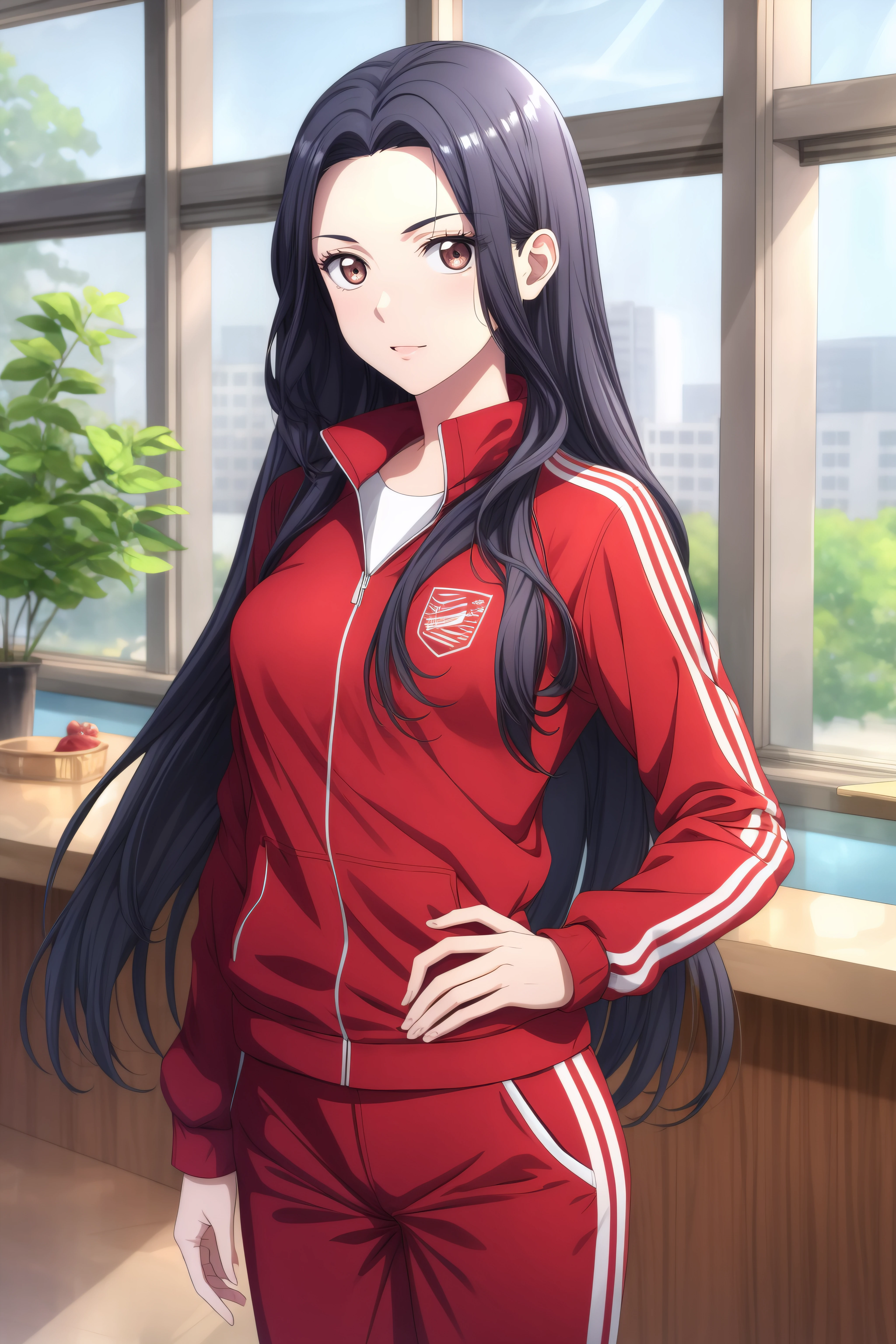 (masterpiece, best quality), <lora:geum-ok yeon-lora-Faxtron:0.8> geum-ok yeon, brown eyes, black hair, long hair, medium breasts, red track jacket, red track pants,
<lora:add_detail:0.8>