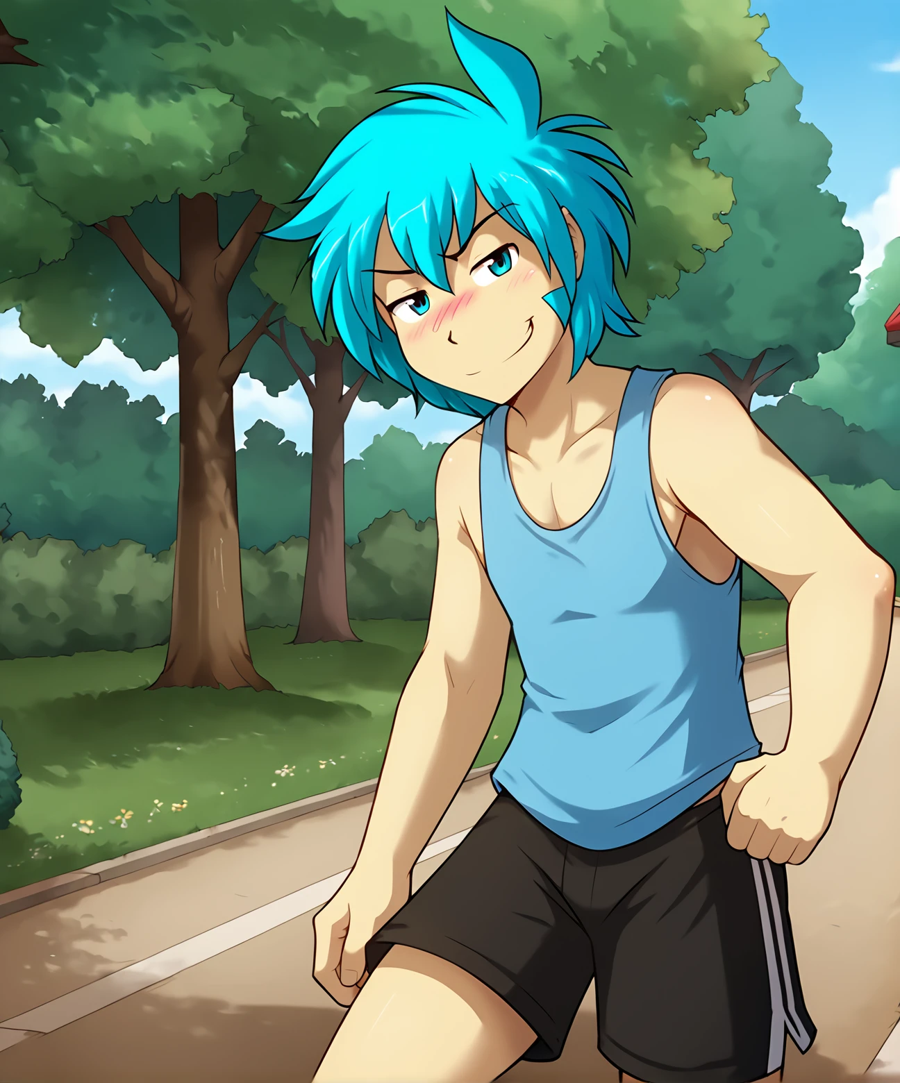 score_9, score_8_up, score_7_up,score_6_up,score_5_up
BREAK
solo, male human, medium hair, flat chest, (blushing, seductive, smug), tank top, gym shorts, (outdoors, park), plantigrade
BREAK
<lora:Trace-Twokinds-SDXL-AnonTK-V1:1>, trace-twokinds, human