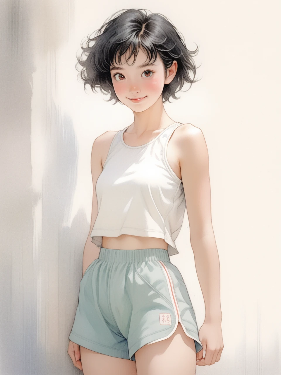 Ink pastel,front view,half portrait with waist up,a beautiful 20-year-old girl with neat short black hair,round eyes,cute,shy smile,designer sports shorts,comic illustration,attractive,revival mural,Antonio Boraiolo style,Yoshitaka Amano style,
Miho Hirano style,8K,high resolution.,