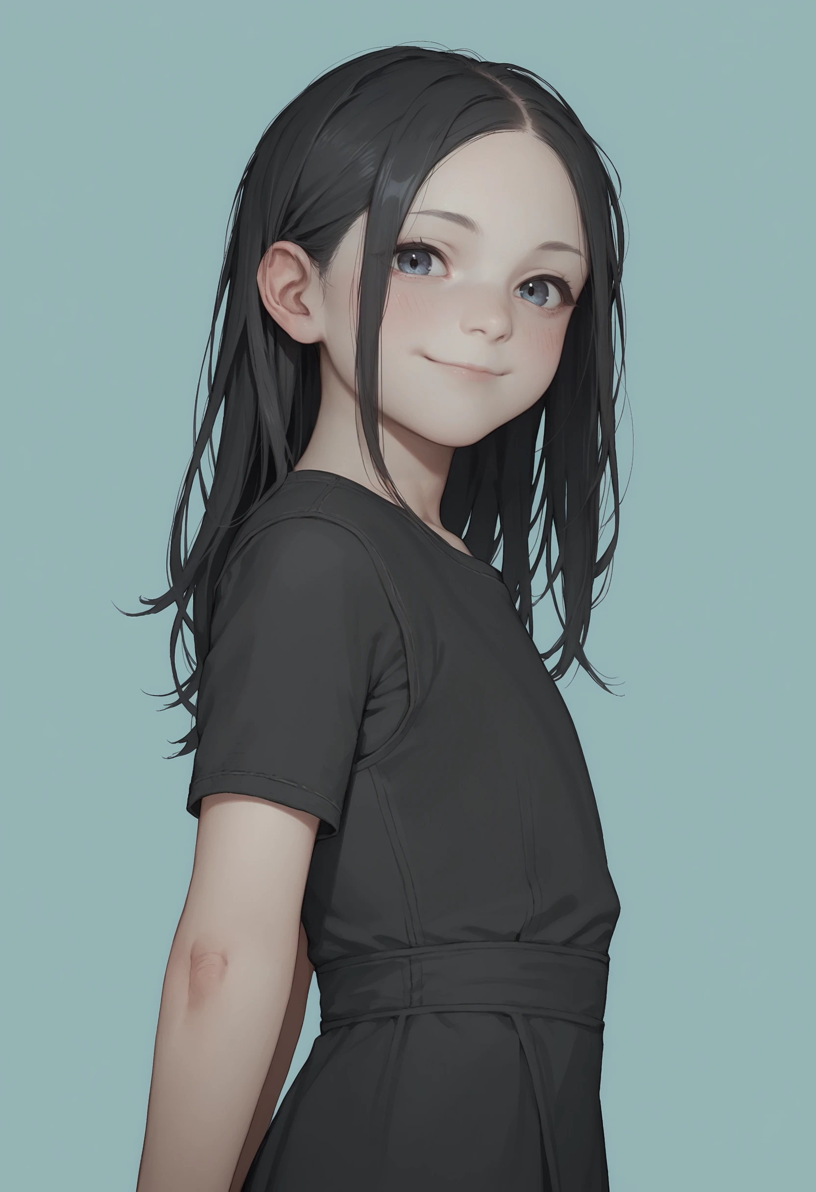 score_9, score_8_up, score_8, source_anime, 1girl, <lora:Eveline:0.7> solo, flat chest, white skin, pale skin, long hair, black hair, black dress, short sleeves, smile, blush, looking at viewer, side view, 
light blue background, simple background