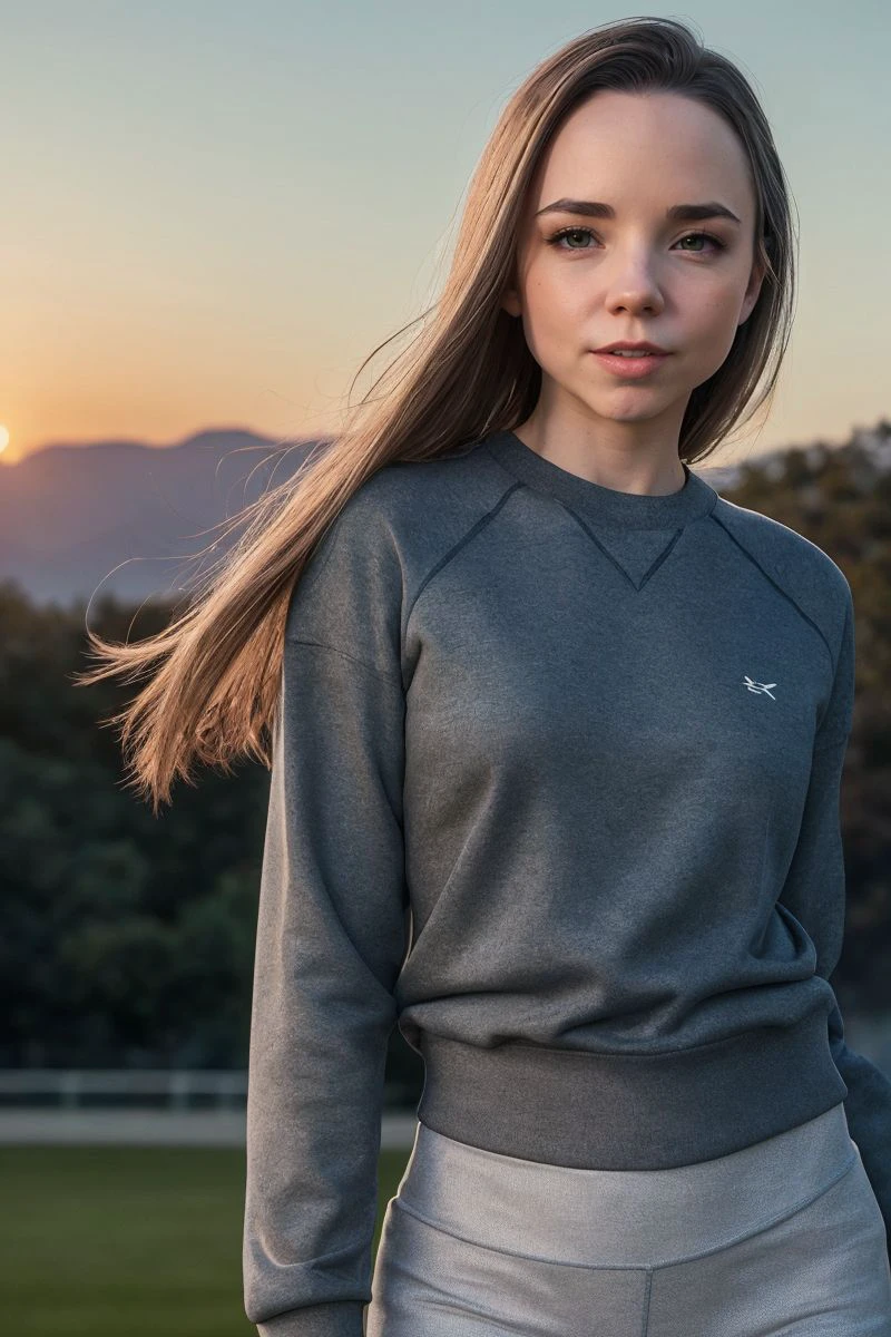 photo of S433_MonaBlue,a stunning woman,on a (field:1.1),wearing a (crewneck-sweatshirt),(leggings),(sunset),(4k, RAW photo, best quality, 50mm, depth of field, ultra high res:1.1),(intricate, photorealistic, cinematic-shot, masterpiece, ultra-detailed:1.1),