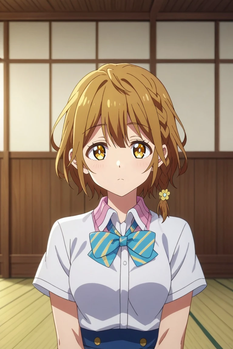 score_9, score_8_up, score_7_up, source_anime, rating_safe, intricate details, anime screencap, anime coloring, , , depth of field, 1girl, solo, <lora:yoshino_koiwai_pony:0.94>, yoshino_koiwai, brown hair, yellow eyes, short hair, braid, side braid, single braid, bangs, bow, bowtie, hair ornament, asymmetrical, dojo, dusk, (pose), relaxed, , <lora:sdxl_lightning_8step_lora:1>