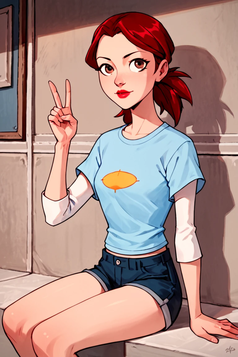 Score_9, Score_8_up, Score_7_up, Score_6_up, Score_5_up, Score_4_up,barbara,solo,sitting,1girl,solo,peace sign,red hair,ponytail,brown eyes,lipstick,blue shirt,short sleeves,layered sleeves