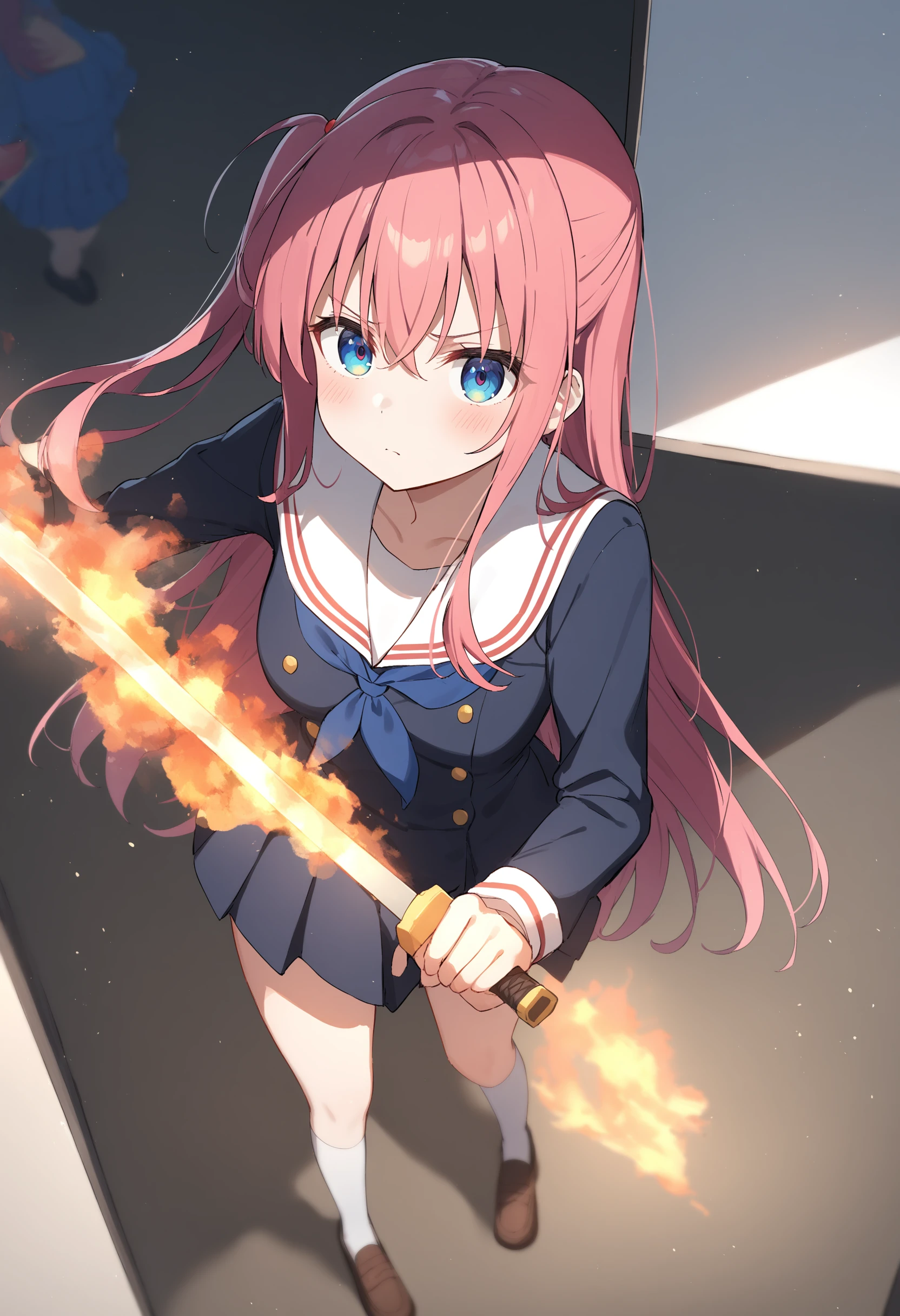 1girl,sincos, ningen mame, toosaka asagi,solo,medium breasts,school uniform,
flaming sword, holding sword, holding weapon,<lora:flamingsword_XL_v1:0.7>
fire, flaming weapon, glowing weapon, glowing sword, flame,
from above, wide shot, looking away, pink hair, gray eyes,angry, by classroom window, closed mouth, one side up hair,,
best quality, very aesthetic, absurdres