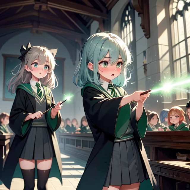 (((masterpiece))), (((best quality))), (((looking at another))), ((slytherin)), ((avada kedavra)), ((winding current)), ((green light)), (holding wand), wide sleeves, striped necktie, thighhighs, sweater, skirt, robe, hazy, wind, table, window, candle, aisle, great hall, hogwarts school uniform, 2girls, 3girls, gray hair, big tits, sweat, scared, shy, blush, slim figure, <lora:girllikeslytherin:0.8>