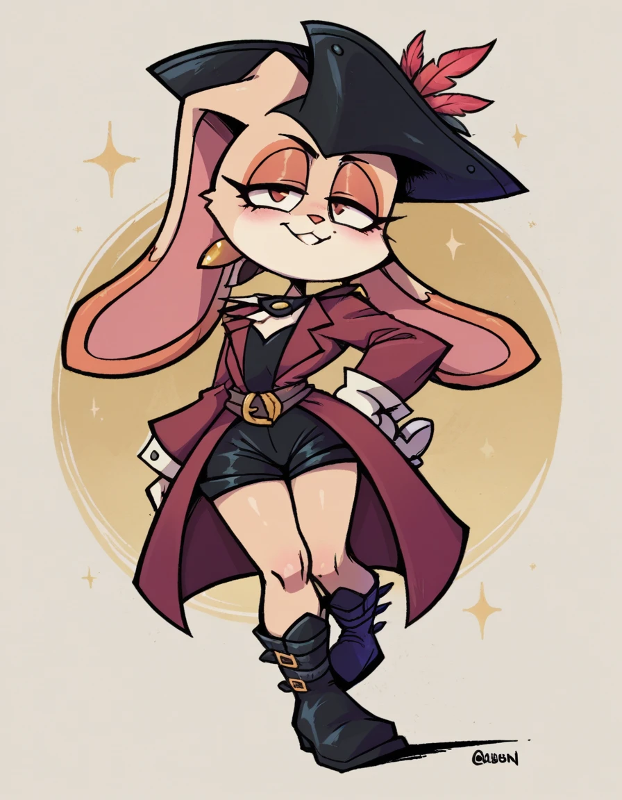 zPDXL, score_9, score_8_up, score_7_up, source_anime,
1girl, solo, half-closed eyes, smile, (leaning back), pirate wearing Maroon coat with golden brocade, breeches, leather tricorn hat with a peacock feather, polished leather boots, gold hoop earrings, wielding cutlass with a curved blade and brass hilt, Cream the Rabbit, orange rabbit, rabbit ears, rabbit tail, , shortstack, flat chest,
<lora:valbun_v2:1> valbun,