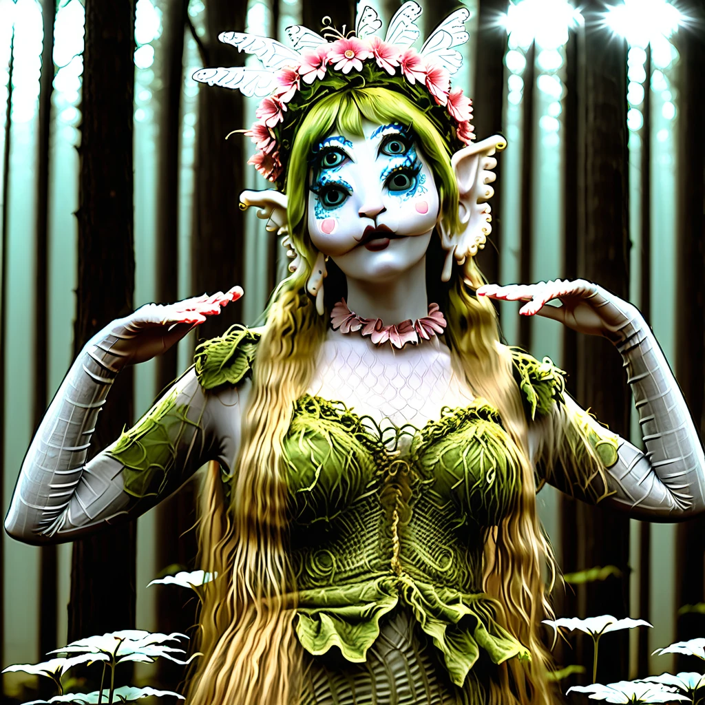 (((uma mulher cogumelo troca de roupas em uma floresta))),Fungal residues, noite e (jellyfish: 1.2), [Style-Petal], Estilo-Vidro, corpo inteiro, olhos grandes, mushroom head, seios grandes, molhada de seiva, (Corpo nu), mythological creature, ser da floresta((ninfa se exibindo)), Dramatic, volumeric lighting, subsurface scatter, (altamente detalhado: 1.2),