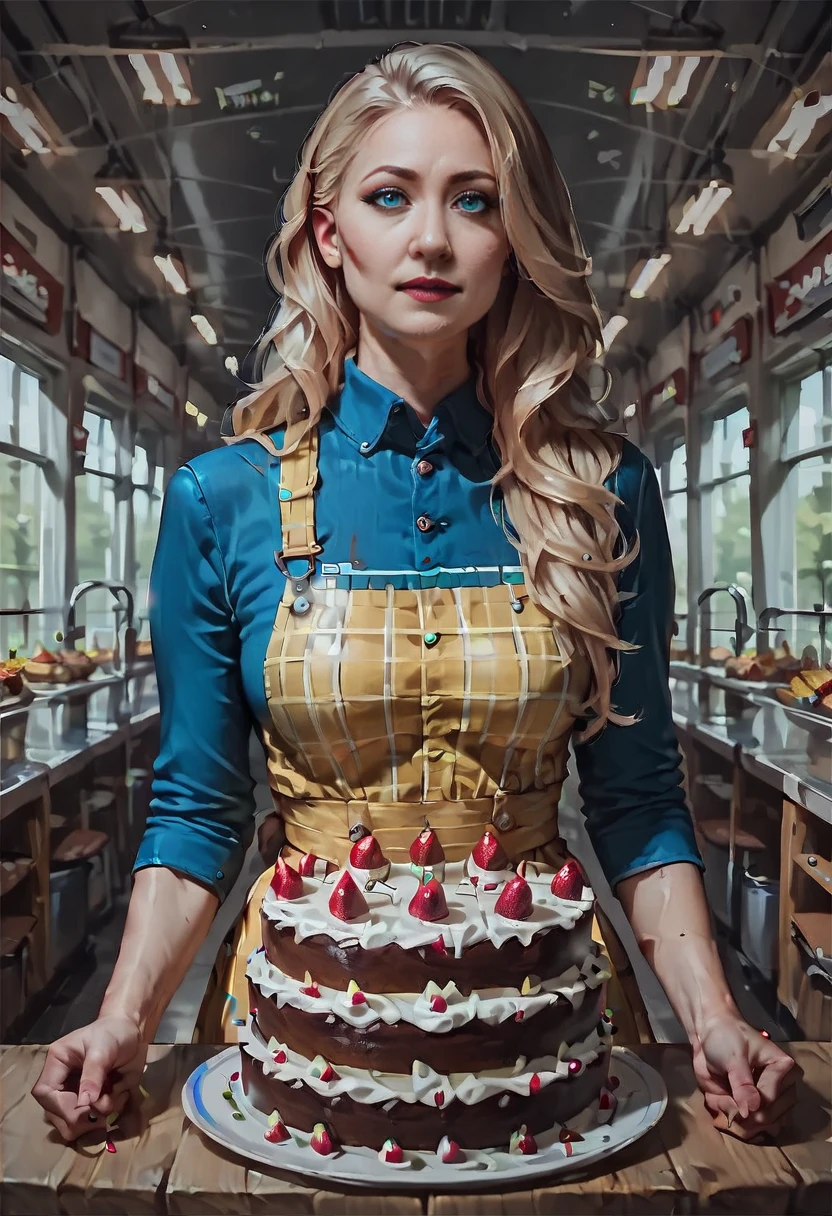 <lora:CelinePXL:1> celinePXL, 1girl, solo,bakking a cake, in a campus kitchen,