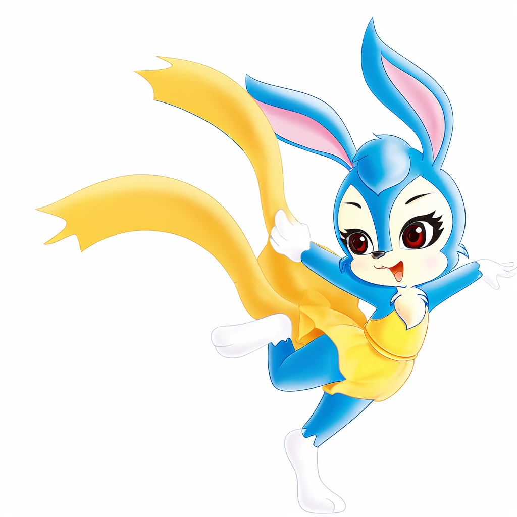 solo,animal ears,open mouth,rabbit ears,white background,smile,simple background,furry,happy,1girl,standing,standing on one leg,full body,brown eyes,blush,gloves,outstretched arms,red eyes,white gloves,furry female,animal nose,leg up,rabbit girl,blue fur,:d,blue hair,tail,flat chest,arms up,body fur,spread arms,:3,<lora:lantupony:1>,