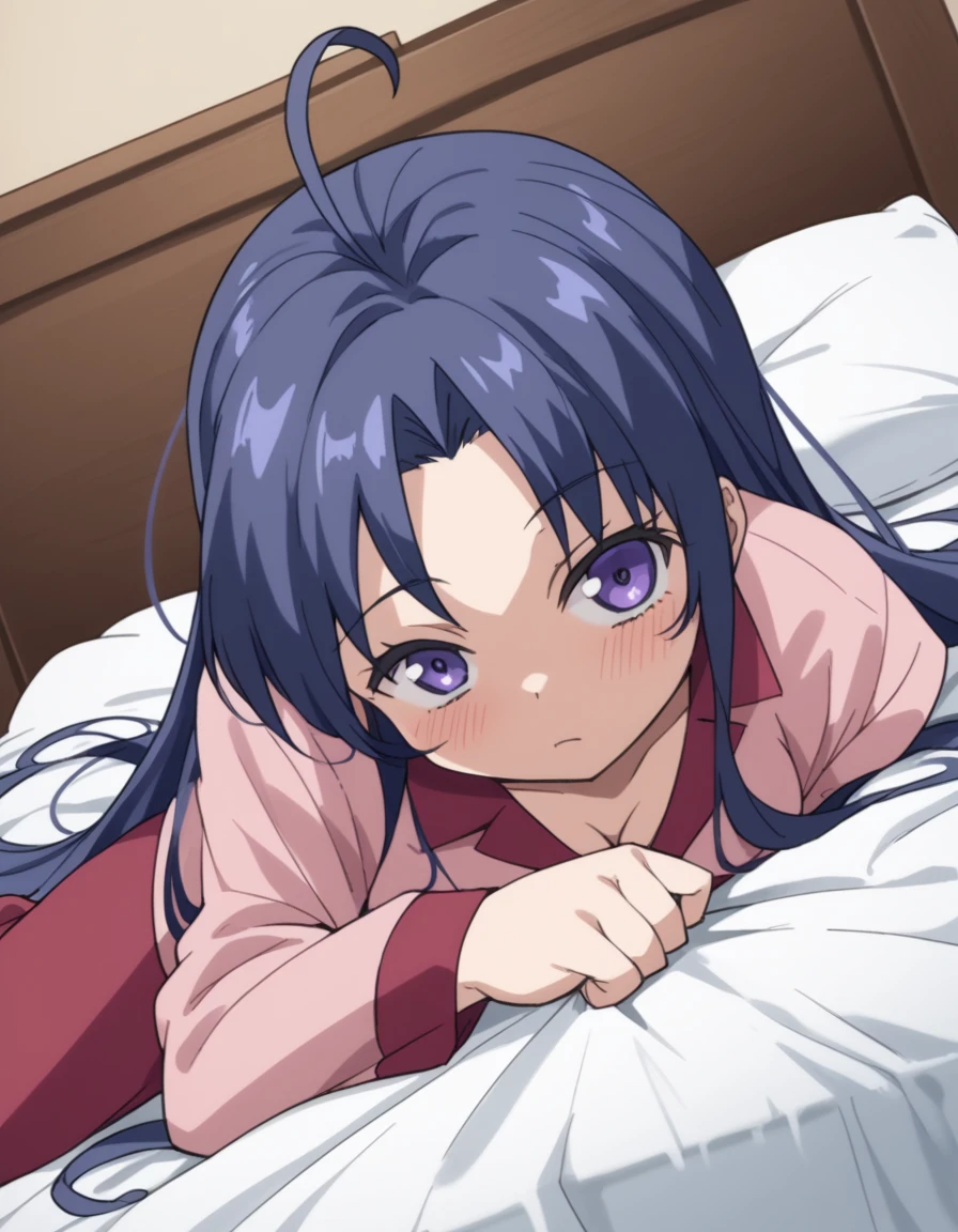 {{{{{mochizuki anna}}}}},1girl,solo,long hair,purple hair,small_ahoge,blue eyes.short stature.white t-shirts.suspenders.skirt.(((masterpiece))).(((best quality))).((ultra-detailed))).(((illustration))).night view.large full breasts.up chest.Sad face.open mouth.Spread your arms.lie on one's side.a bed.PILLOWS.