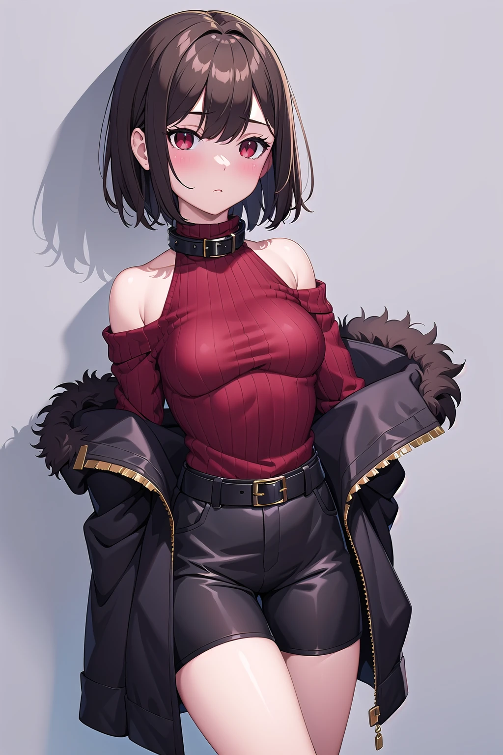 (masterpiece, best quality), charaSF, 1girl, solo, short hair, brown hair, red eyes, collar, black jacket, off shoulder, fur trim, red sweater, ribbed sweater, turtleneck, shoulder cutout, long sleeves, black shorts, blush, <lora:Chara__Storyfell-Undertale-000009:0.7>, portrait