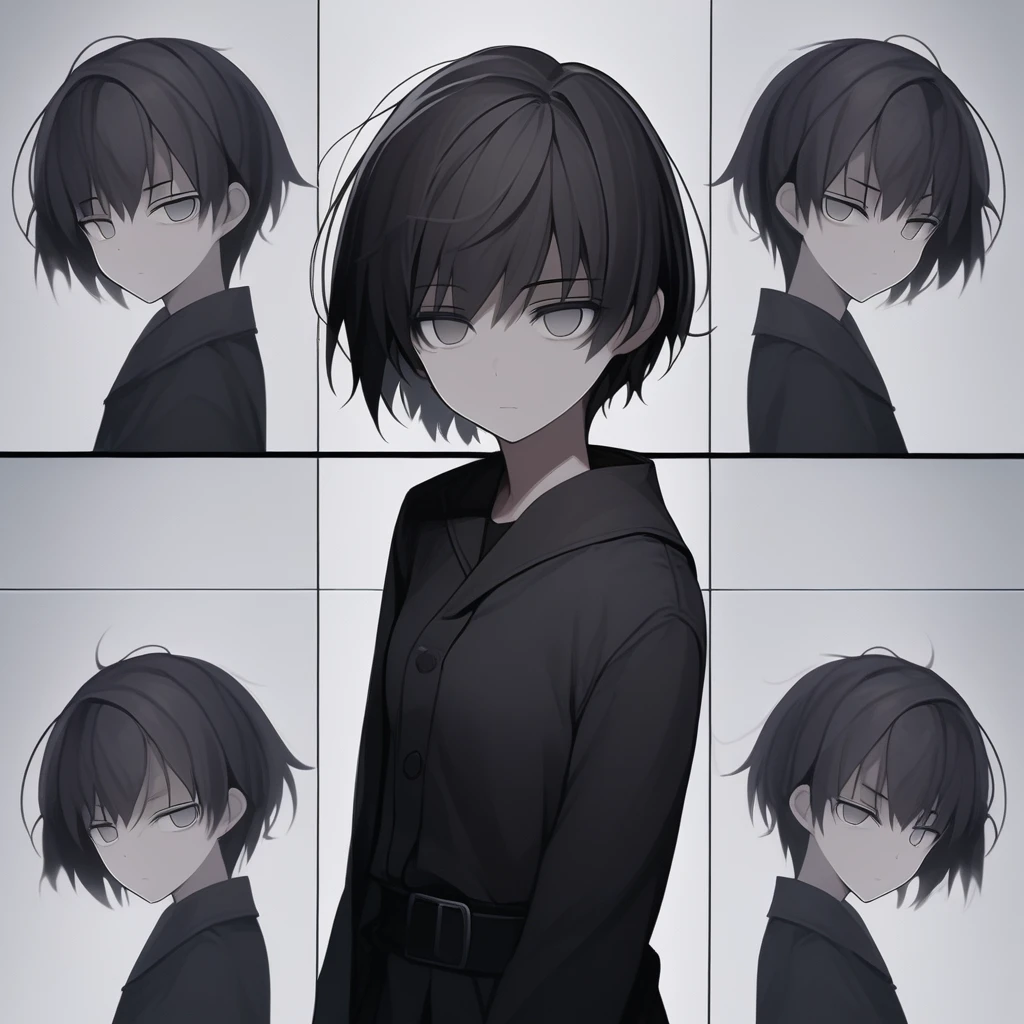 short hair, black hair, gray eyes, empty eyes, empty expression, not looking at viewer, good quality
