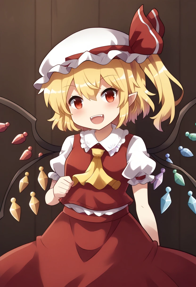 score_7_up, hd, (ultra hd quality details), indoors,
(masterpiece, best quality), fcDetailPortrait, solo, 1girl, flandre_scarlet, 1girl, touhou, mob_cap, yellow_ascot, red_ribbon, puffy_short_sleeves, red_skirt, white_hat, red_vest, white_shirt, hat_ribbon, crystal_wings, crystal
looking at viewer, open mouth, smile, teeth,
standing,
<lora:_colonel_aki_style-elesico:1>
<lora:Touhou_pony:1>