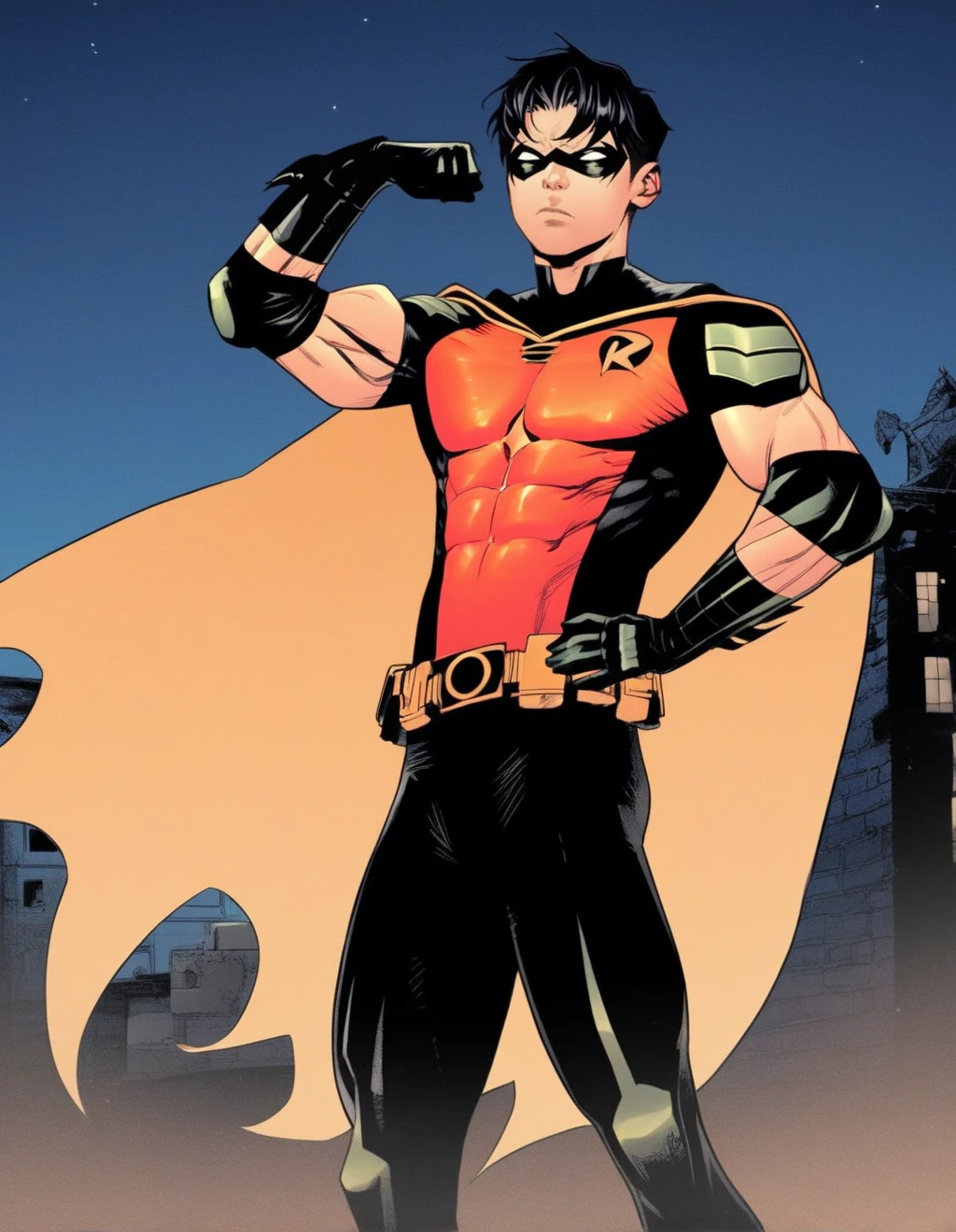 <lora:Tim_Drake:1> score_9, score_8_up, score_7_up, robin, tim drake, short hair, black hair, gloves, 1boy, closed mouth, male focus, outdoors, black gloves, belt, cape, hand on hip, bodysuit, mask, muscular, night, black pants, muscular male, black bodysuit, black cape, superhero, domino mask, covered abs, solo