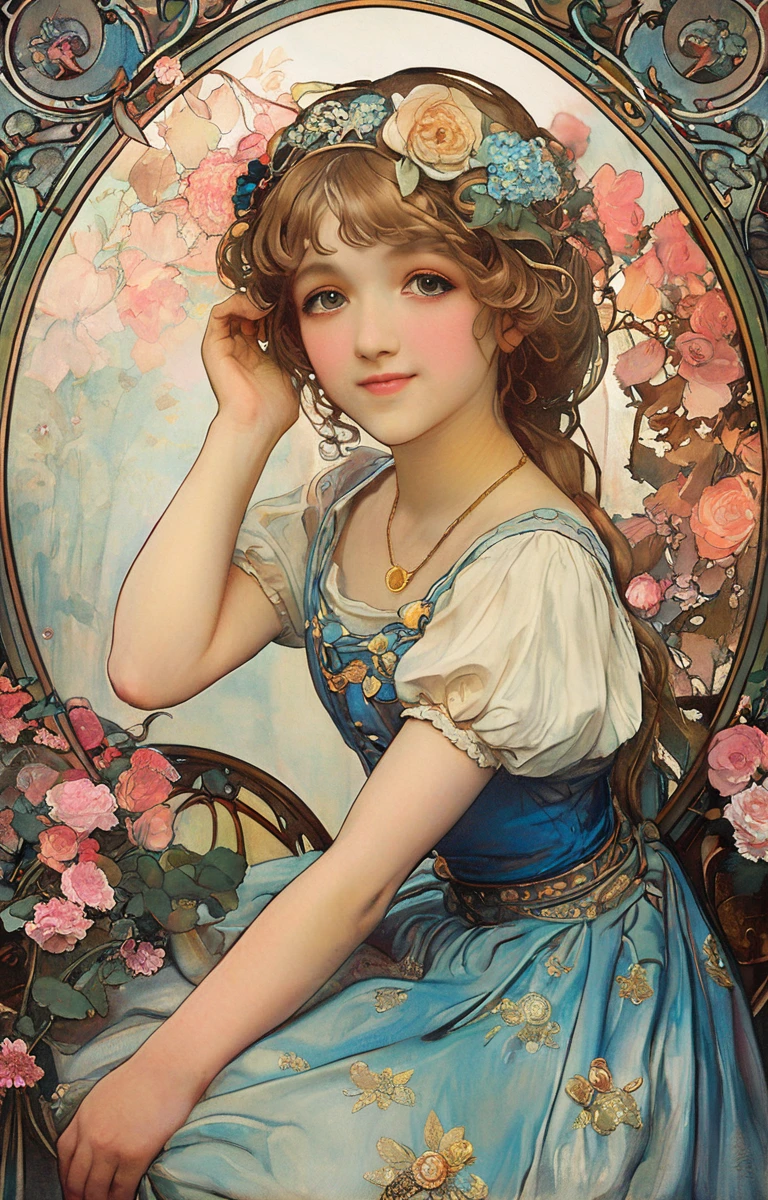 masterpiece,best quality,<lora:tbh200-sdxl:0.9>,illustration,style of style of Alphonse Mucha portrait of idolmaster cinderella girls,