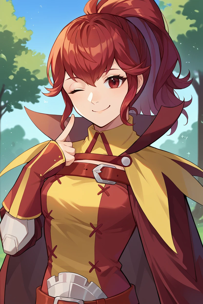 score_9, score_8_up, score_7_up, score_6_up, source_anime BREAK 1girl, solo, <lora:feanna-pdxl-nvwls-v1-000005:1> fe13Anna, red hair, ponytail, red and yellow tunic, maroon cape, belt, fingerless gloves, red pants, boots, looking at you, smirk, blue sky, forest, trees, upper body, wink, happy, closed mouth, smile