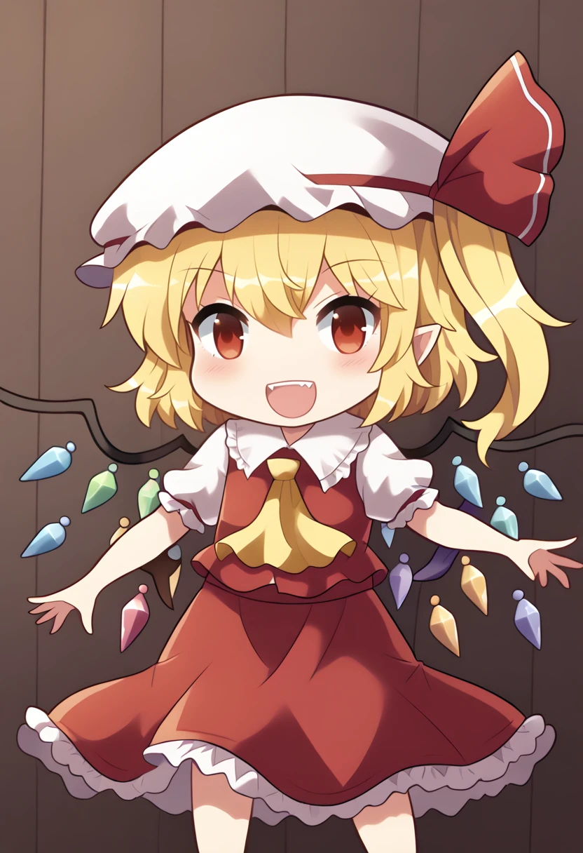 score_7_up, hd, (ultra hd quality details), indoors,
(masterpiece, best quality), fcDetailPortrait, solo, 1girl, flandre_scarlet, touhou, mob_cap, yellow_ascot, red_ribbon, puffy_short_sleeves, red_skirt, white_hat, red_vest, white_shirt, hat_ribbon, crystal_wings, crystal
looking at viewer, open mouth, smile, teeth,
standing, chibi,
<lora:_colonel_aki_style-elesico:1>
<lora:Touhou_pony:1>